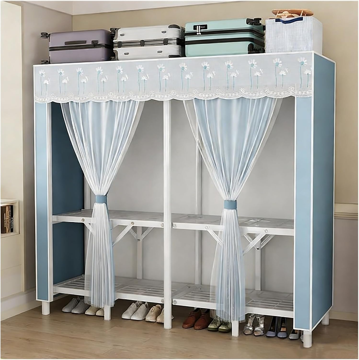 Heavy Duty Foldable Wardrobe Closet with Cover, Portable Metal Garment Rack for Bedroom, Space-Saving Clothes Organizer for Hanging Clothing, 150cm/59.1in E 100cm/39.4in