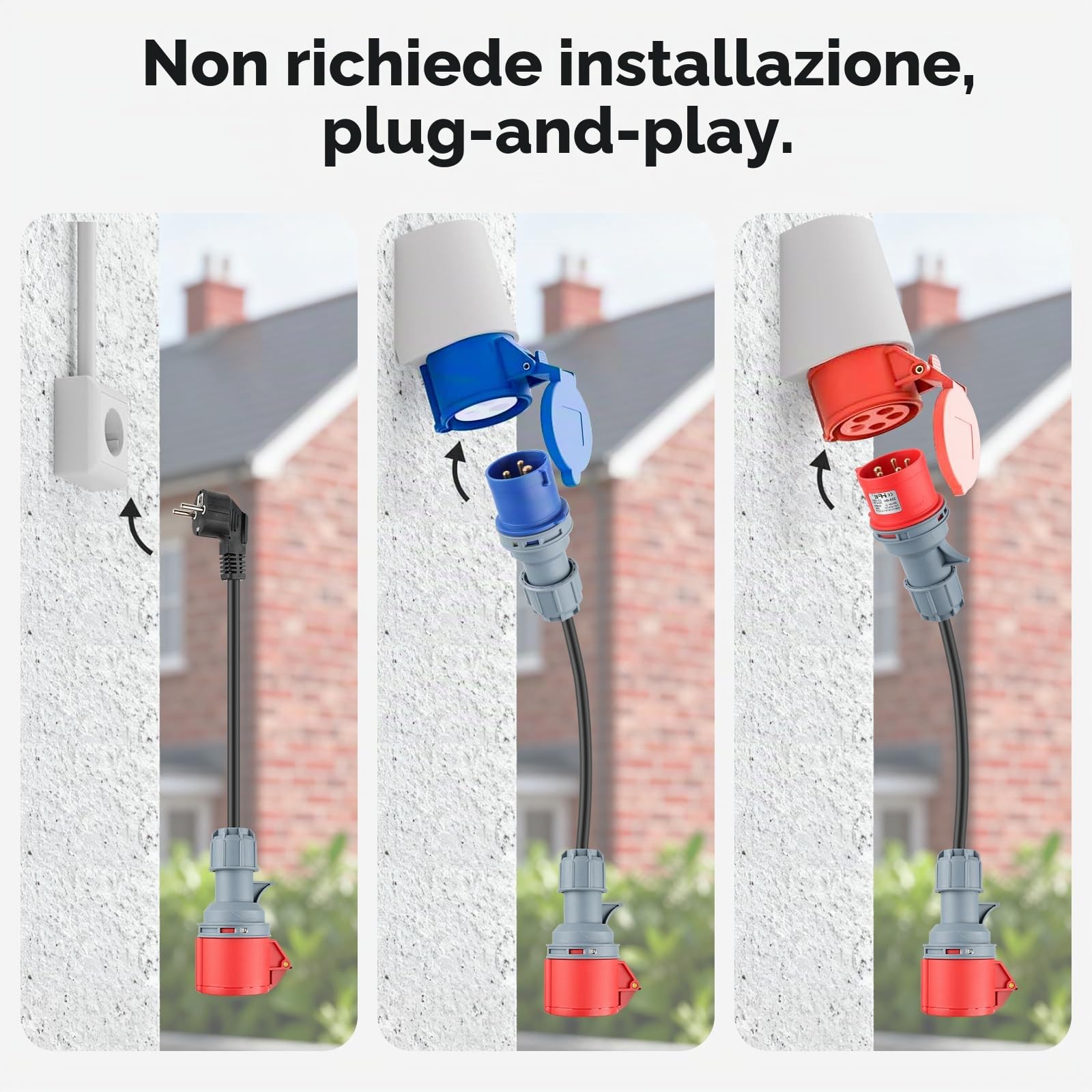3 adattatori CEE con spina Schuko, set di adattatori CEE 16 A, 5 poli | Per presa CEE rossa 32 A/CEE blu 16 A/230 V, 3 x 2,5 mm² H07RN-F 16 A, set adattatore di corrente da campeggio