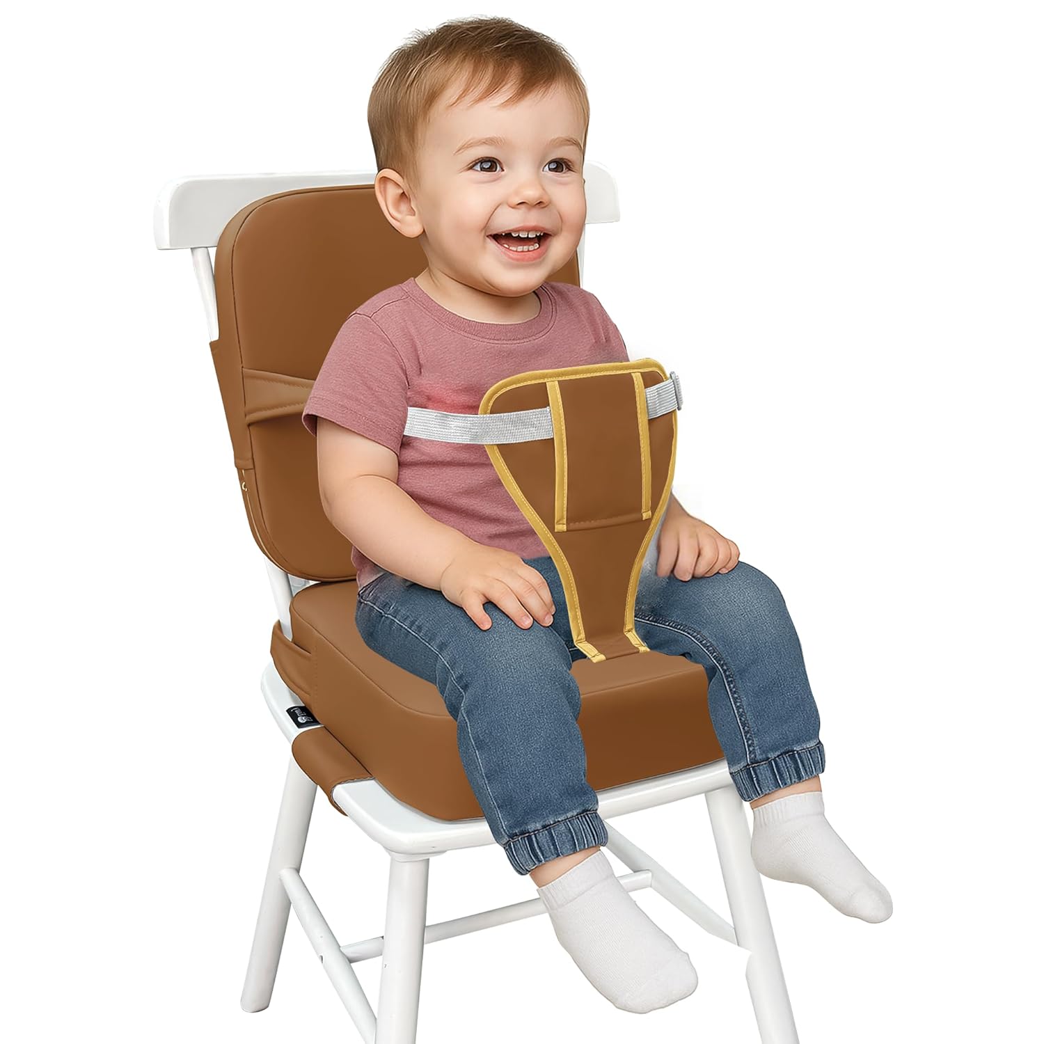 Eiury Toddler Booster Seat for Dining Table – Non-Slip PU Waterproof Cushion with Backrest & Adjustable Straps, Portable Baby Booster Seat (Brown)