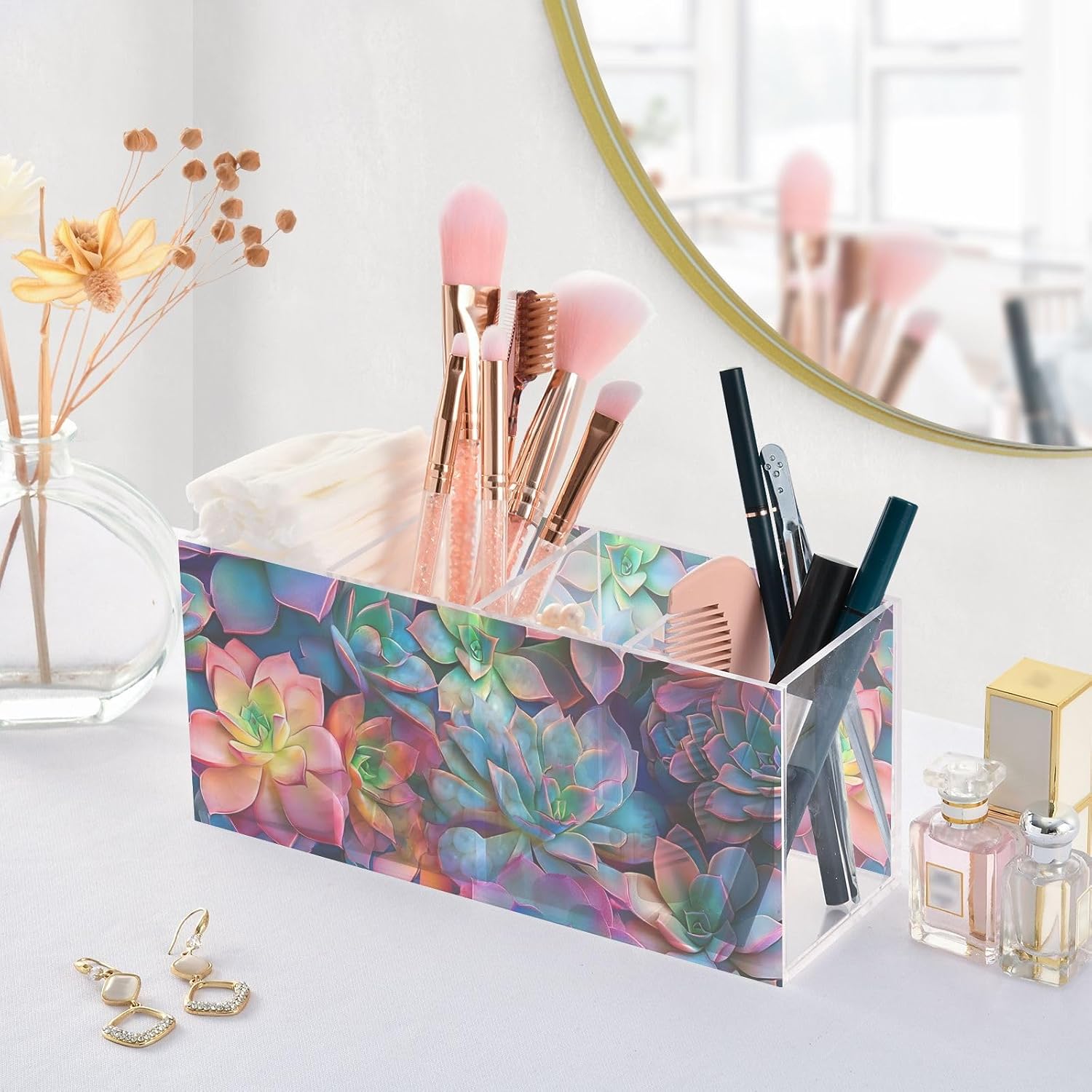 Desk Organizer Stationery Holder, 4-Compartment Office Supplies Organizer for Countertop Desk, Colorful Succulents image 5