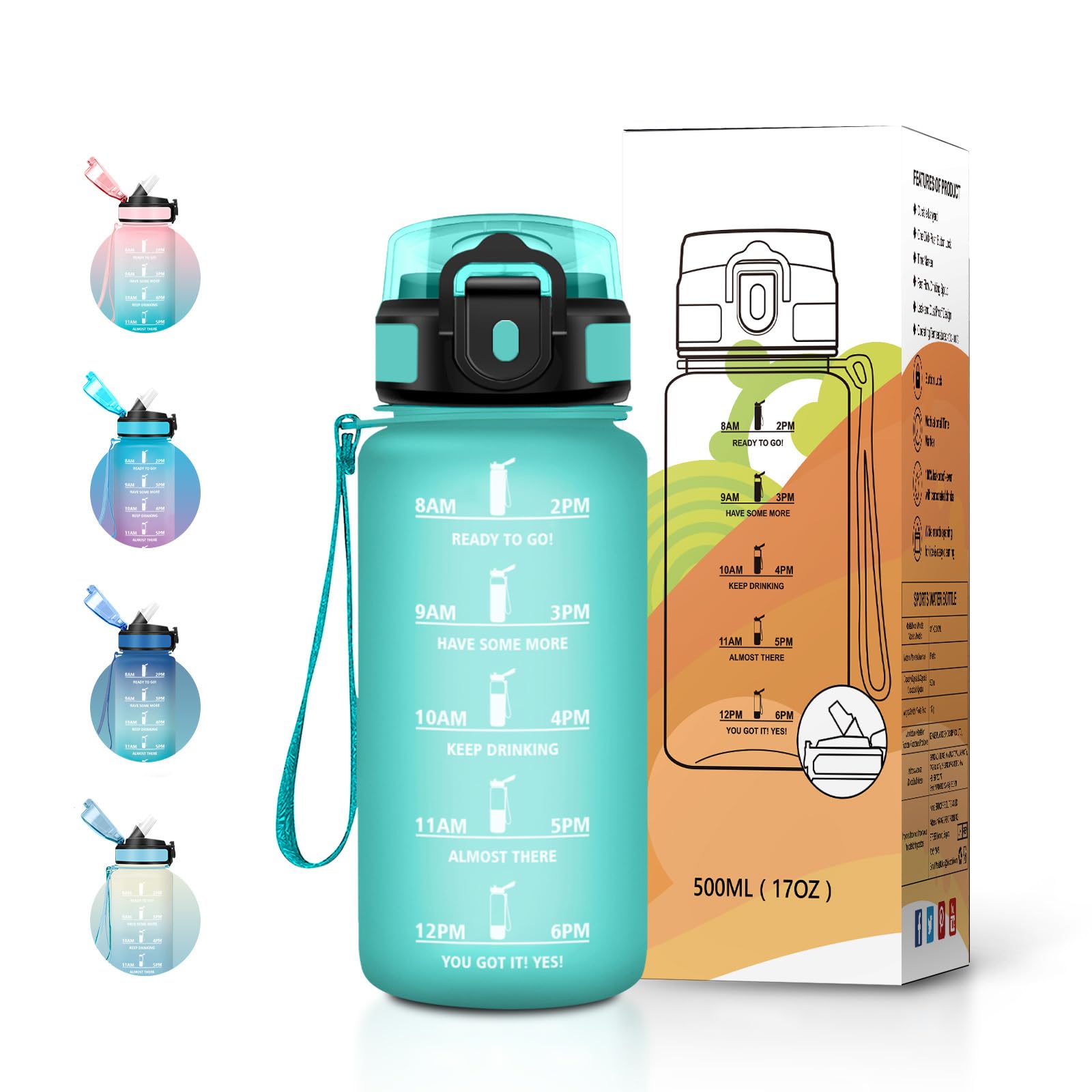 JAPORIA 500ml Water Bottle with Straw and Time Markers, Reusable Water Bottle, BPA Free, Leak Proof for School, Office and Sports