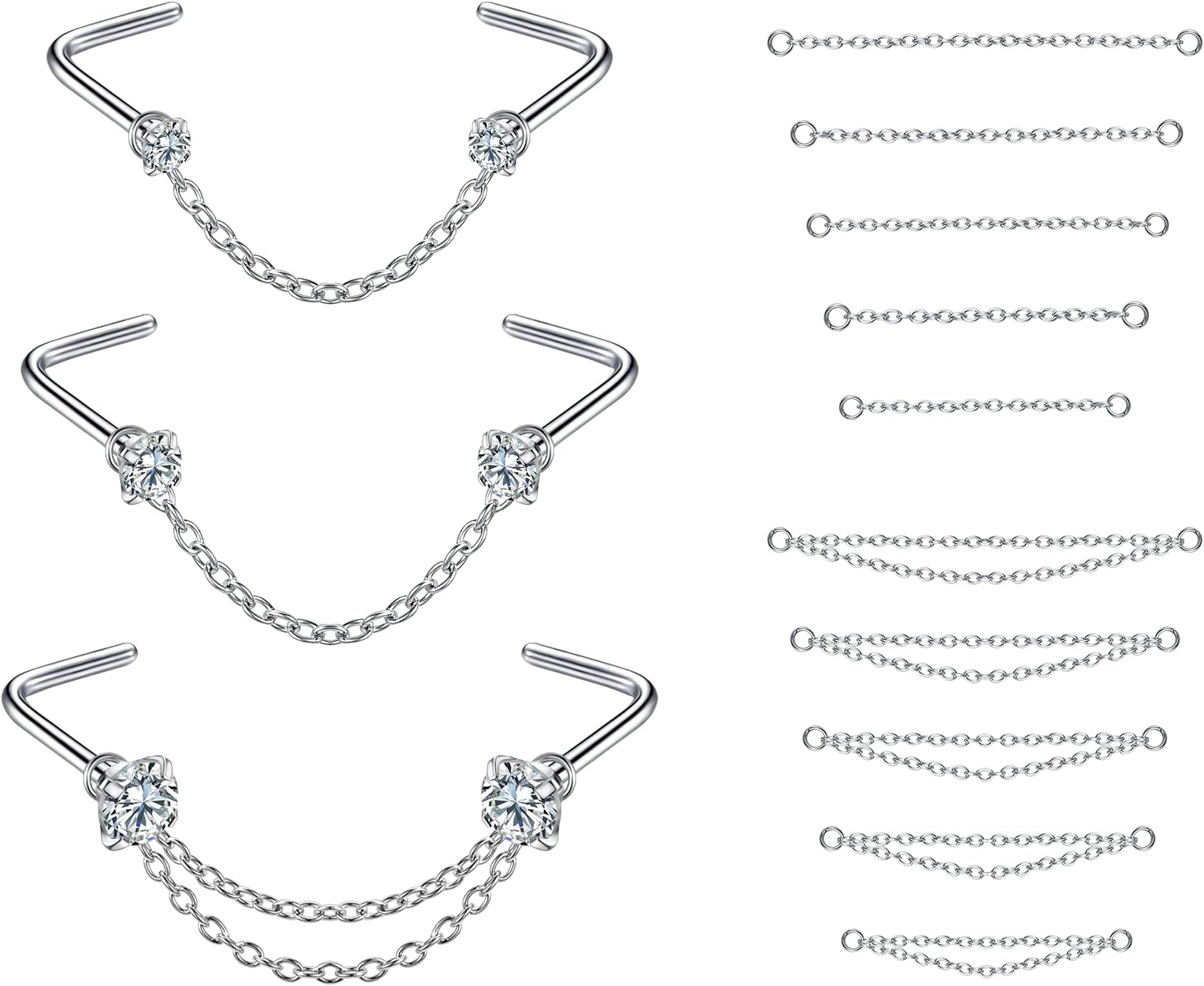 Nose Rings 20G - 2mm, 2.5mm, 3mm CZ Studs with Chain - Surgical Steel Nose Piercing Jewelry