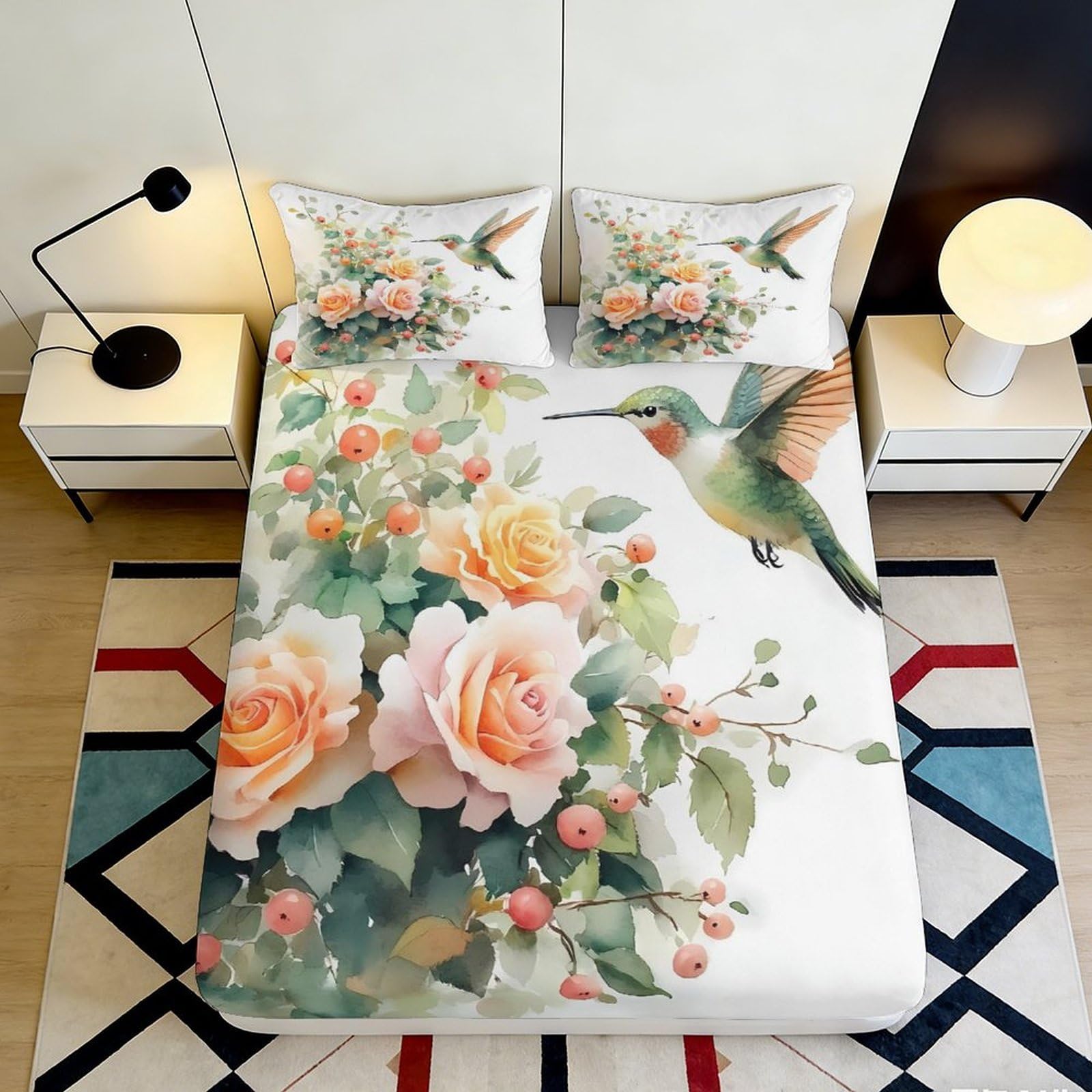 3D Printed Hummingbird Floral Fitted Sheet Microfiber Soft Peach Rose Bed Cover for Bedroom Guest Dorm Mattress Protection Decor 180x200x25cm