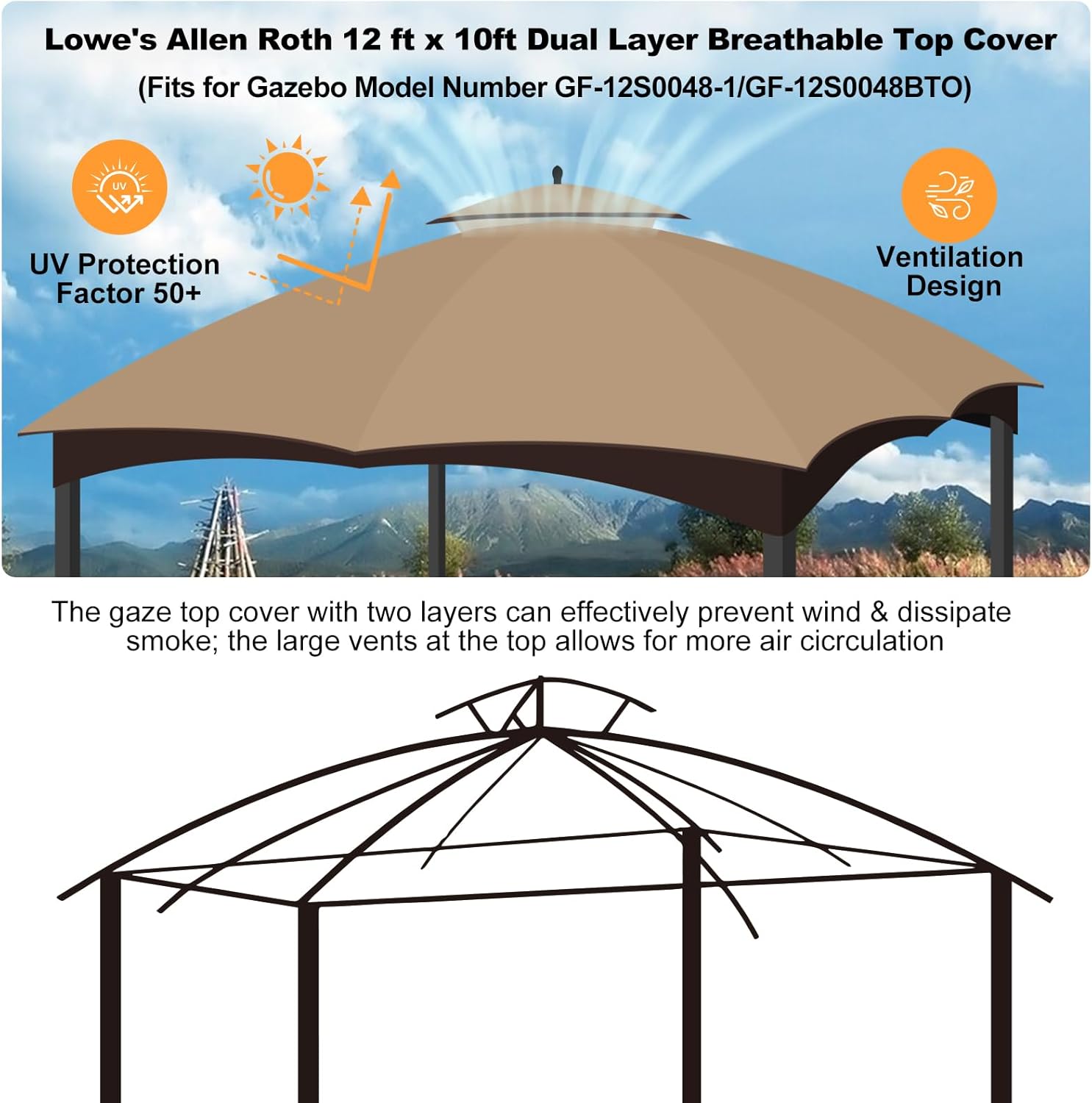 10 x 12 Replacement Gazebo Canopy Top for Lowe's Allen Roth Gazebo Double-Tier Gazebo Roof Cover with Air Vent Heavy Duty Canopy Roof Gazebo Top 10X12 Gazebo Cover for Shop, Garden, Yard (Khaki)