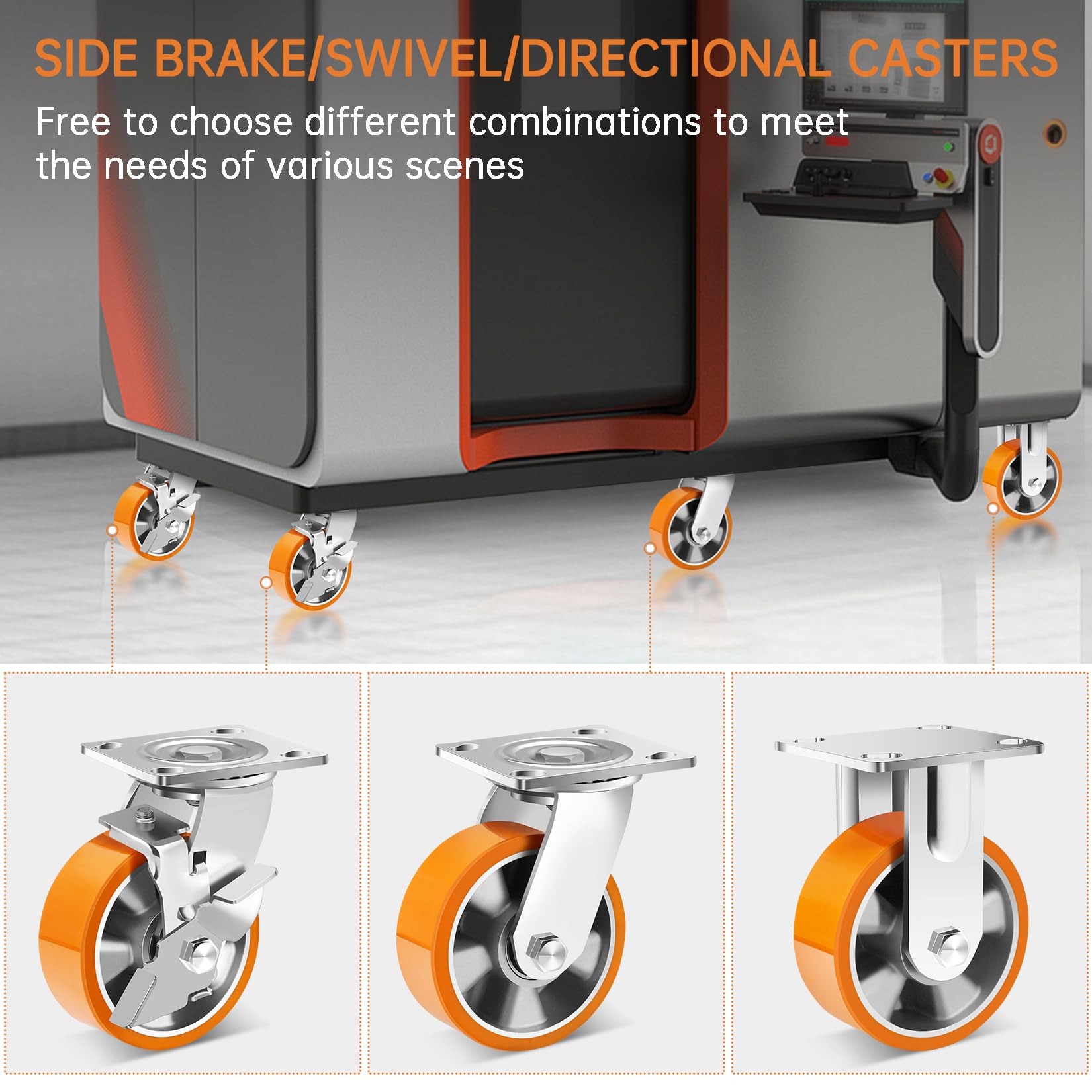 W B D WEIBIDA 125mm Roulette Charge Lourde Jusqu'à 1800KG, Roulettes en Polyuréthane Durable et Solides avec Frein, Roulettes Pivotantes à Noyau d'Aluminium pour Industrie, Meubles, Établi lot de 4