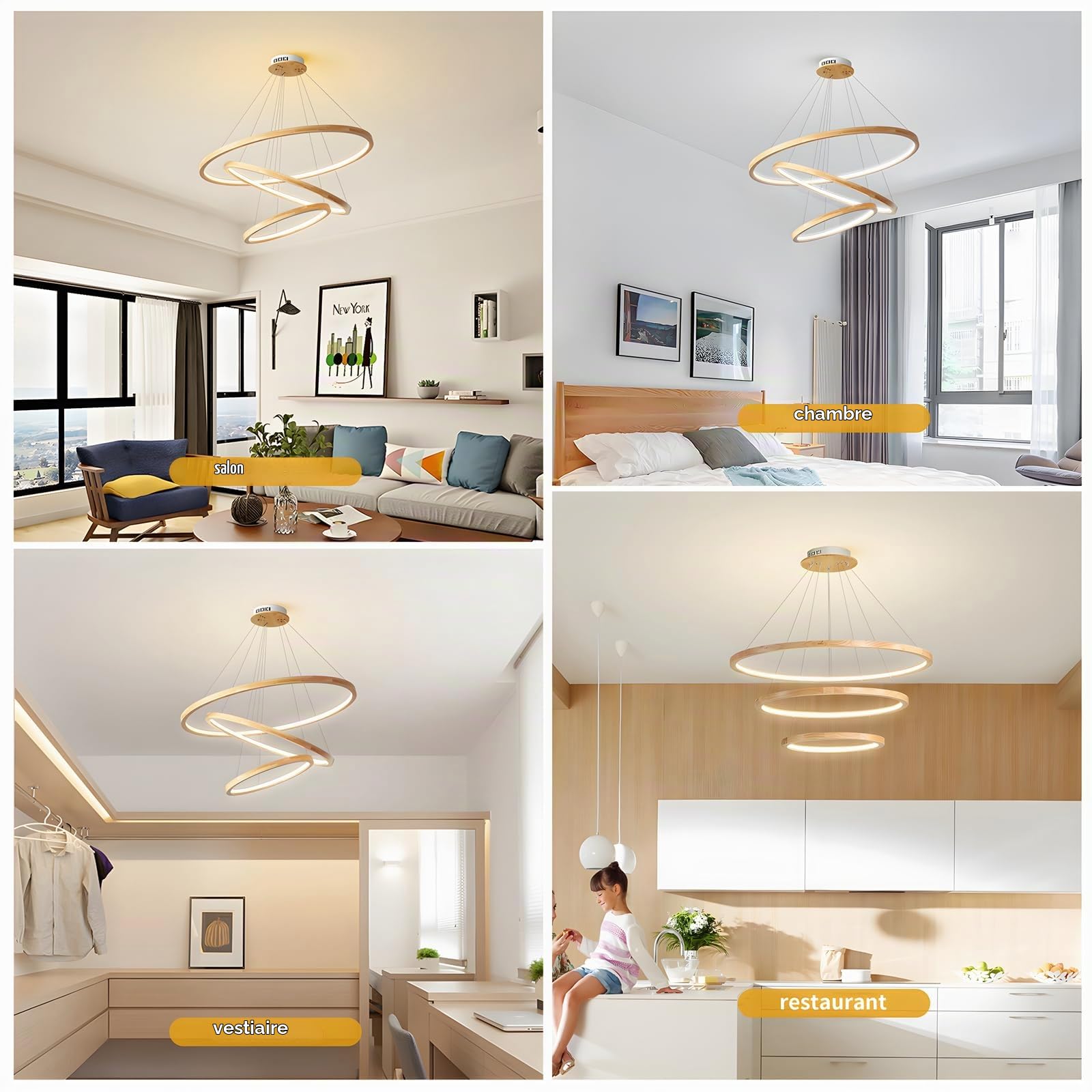 Lustres LED En Bois Plafonnier, Luminaire En Bois À 3 Anneaux À Intensité Variable, Lampe À Suspension Circulaire Réglable, Îlot De Cuisine Salle À Manger Salon Hall D'Entrée 【20+40+60cm】