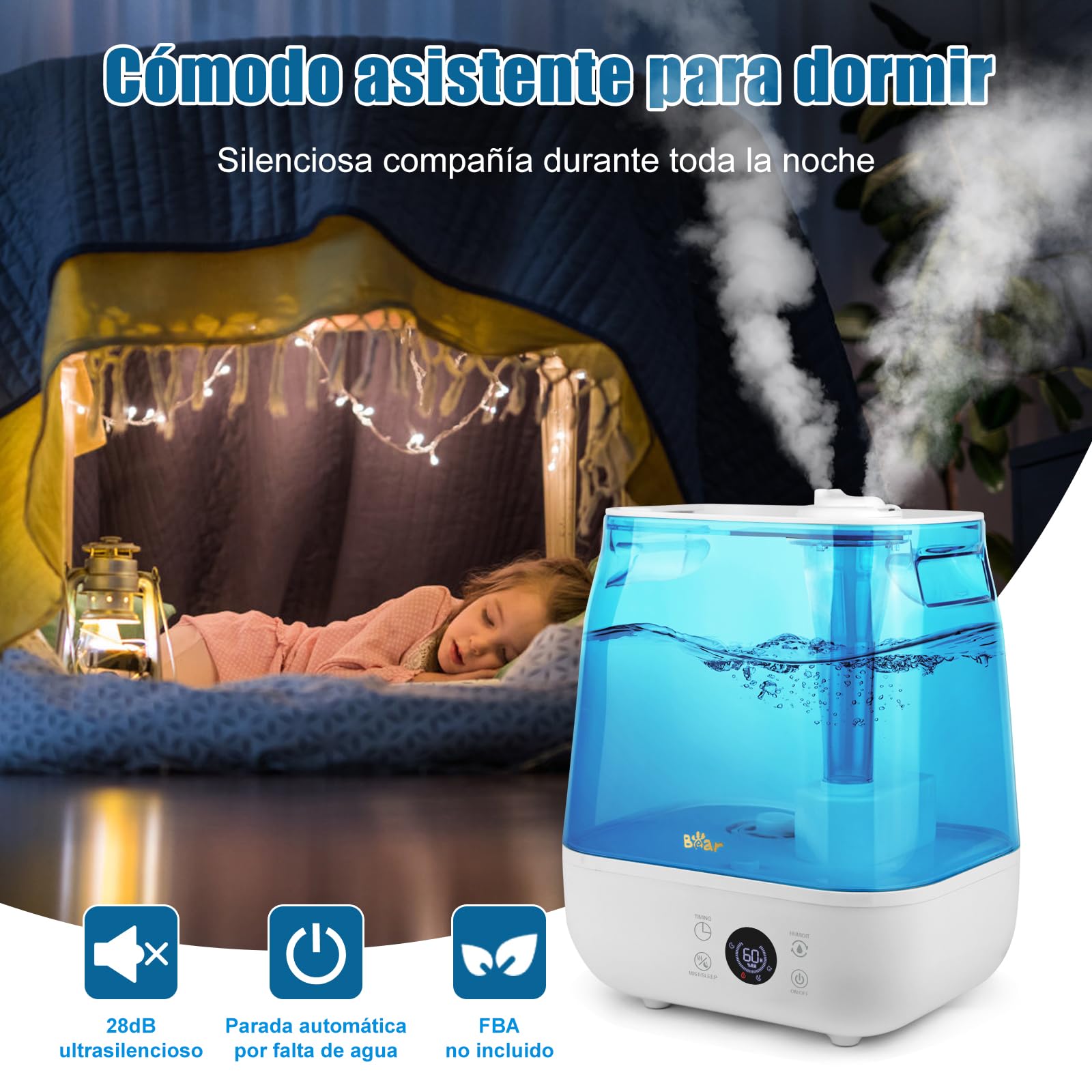 Bear Humidificador 6L Top Fill Humidifier, Temporizador, Modo Sleep, Humedad Constante, Disco Aromático, Boquilla Doble Giratoria 360°, 28db Ultra Silencioso