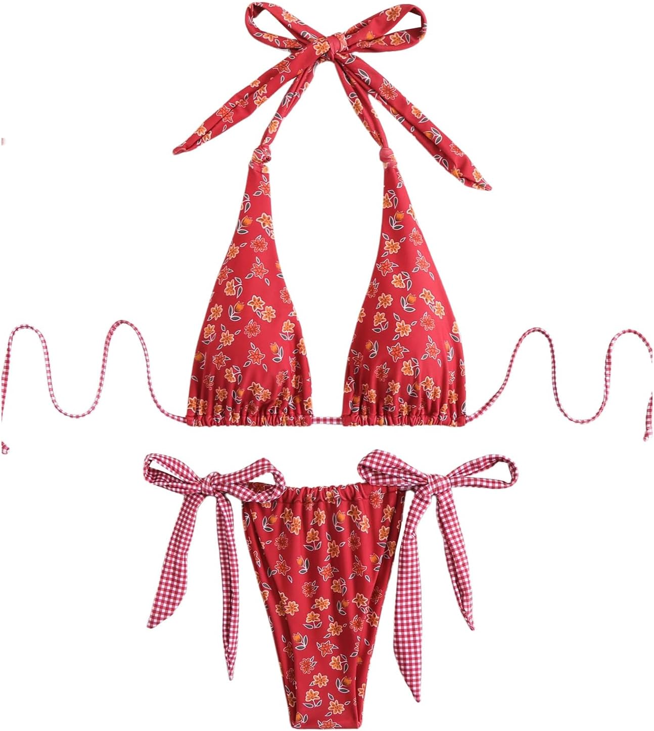 Women's 2 Piece Floral Plaid Swimsuit Halter Triangle Bathing Suit Bowknot Tie Side Bikini Sets