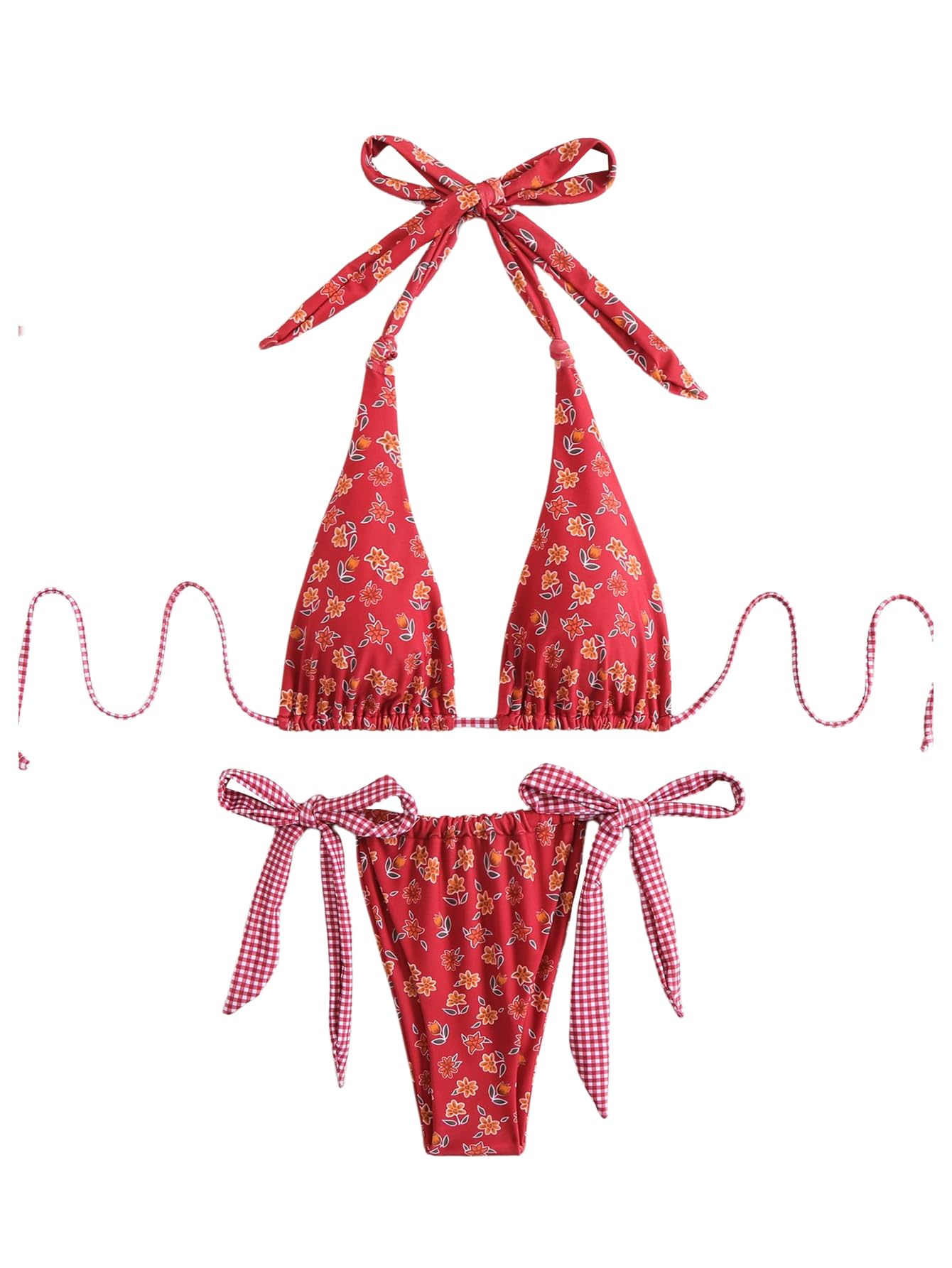 Women's 2 Piece Floral Plaid Swimsuit Halter Triangle Bathing Suit Bowknot Tie Side Bikini Sets-image-38
