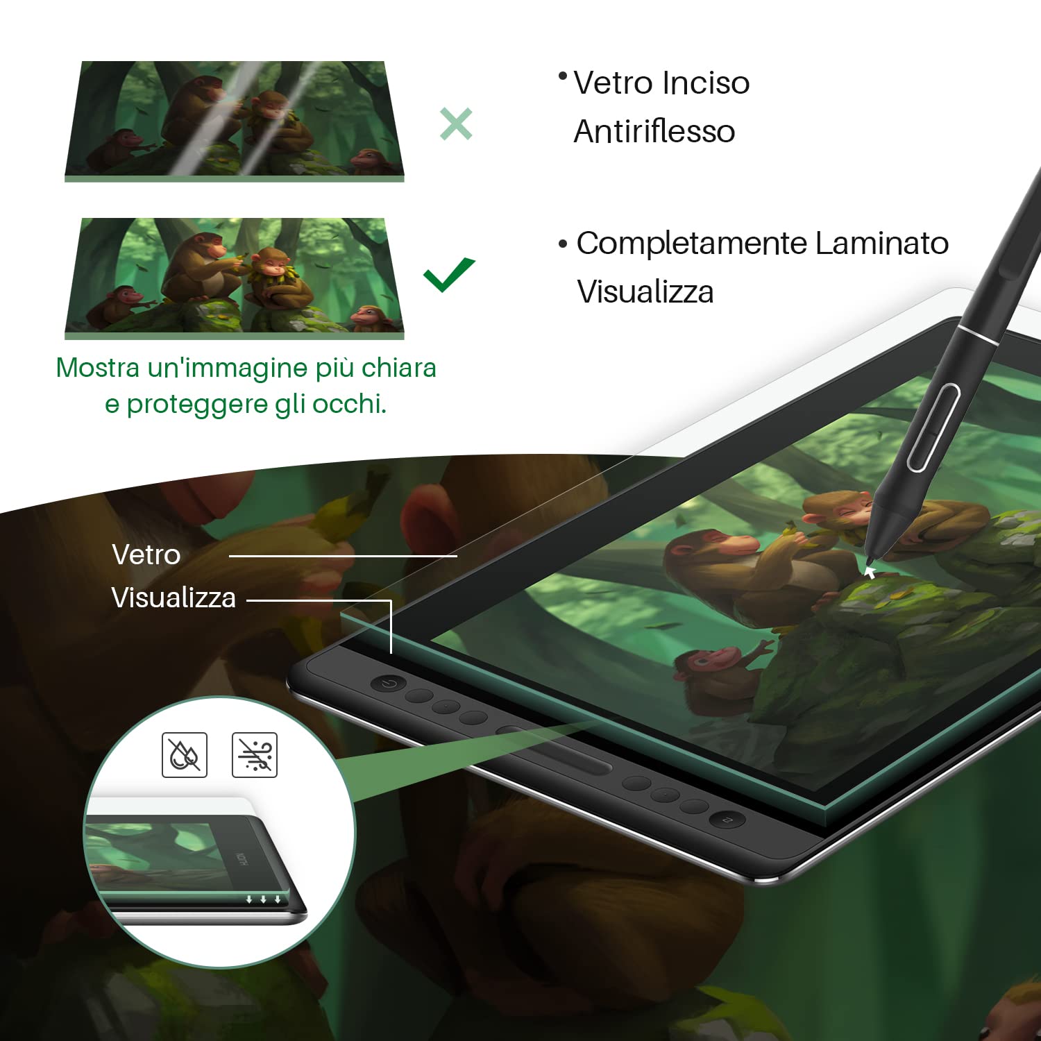 HUION Kamvas Pro 16 Tavoletta Grafica con Schermo in Vetro Laminato Antiriflesso Display Penna 120% Monitor Grafica sRGB Supporto Inclinazione Funzione (± 60 °) Penna Senza Batteria