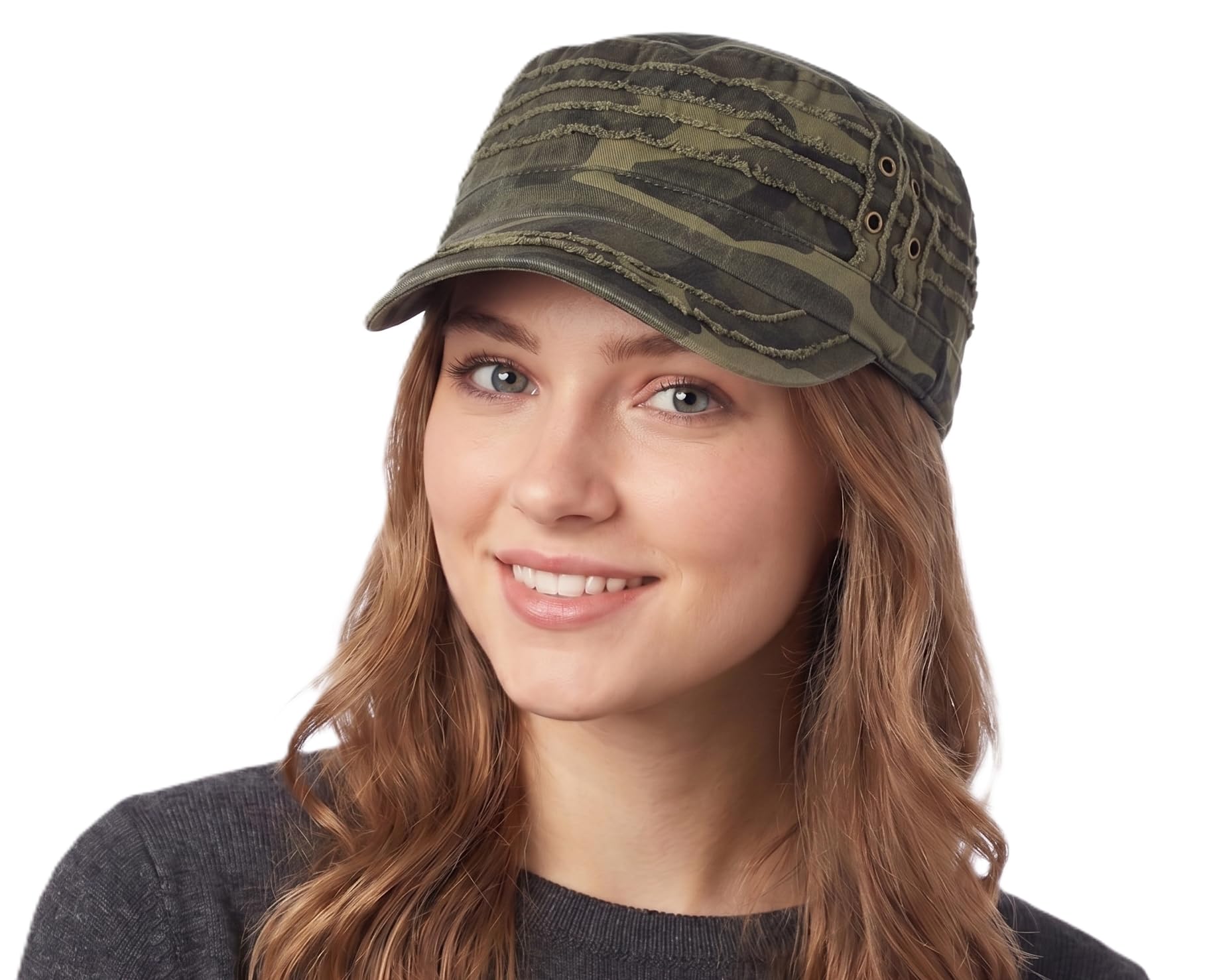 YD Unisex Cotton Distressed Layered Frayed Cadet Military Cap, Green Camo