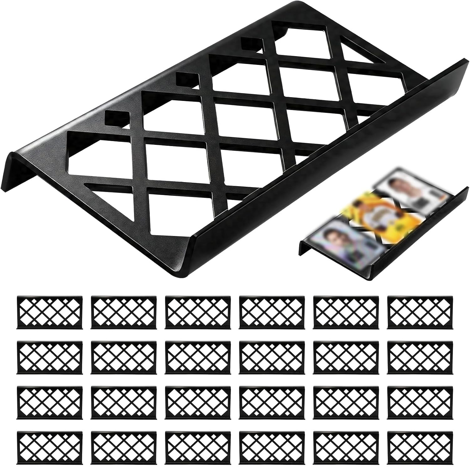 24 Pcs Trading Card Display Risers, Black Grid Acrylic Card Showcases | Modular Tiered Card Stands for Sport Card, Board Game, Trading Card Games and Card Risers for Display Case