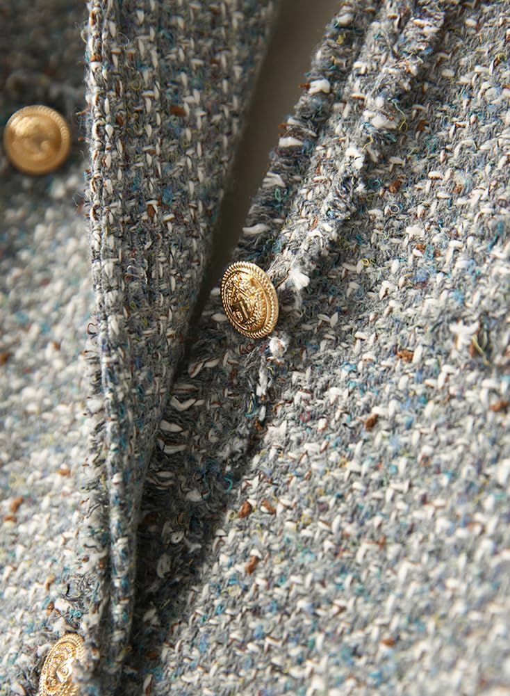 Women's Fall Casual Button Down Tweed Blazer Jacket Round Neck Collarless Office Work Jacket Coats - Image 6
