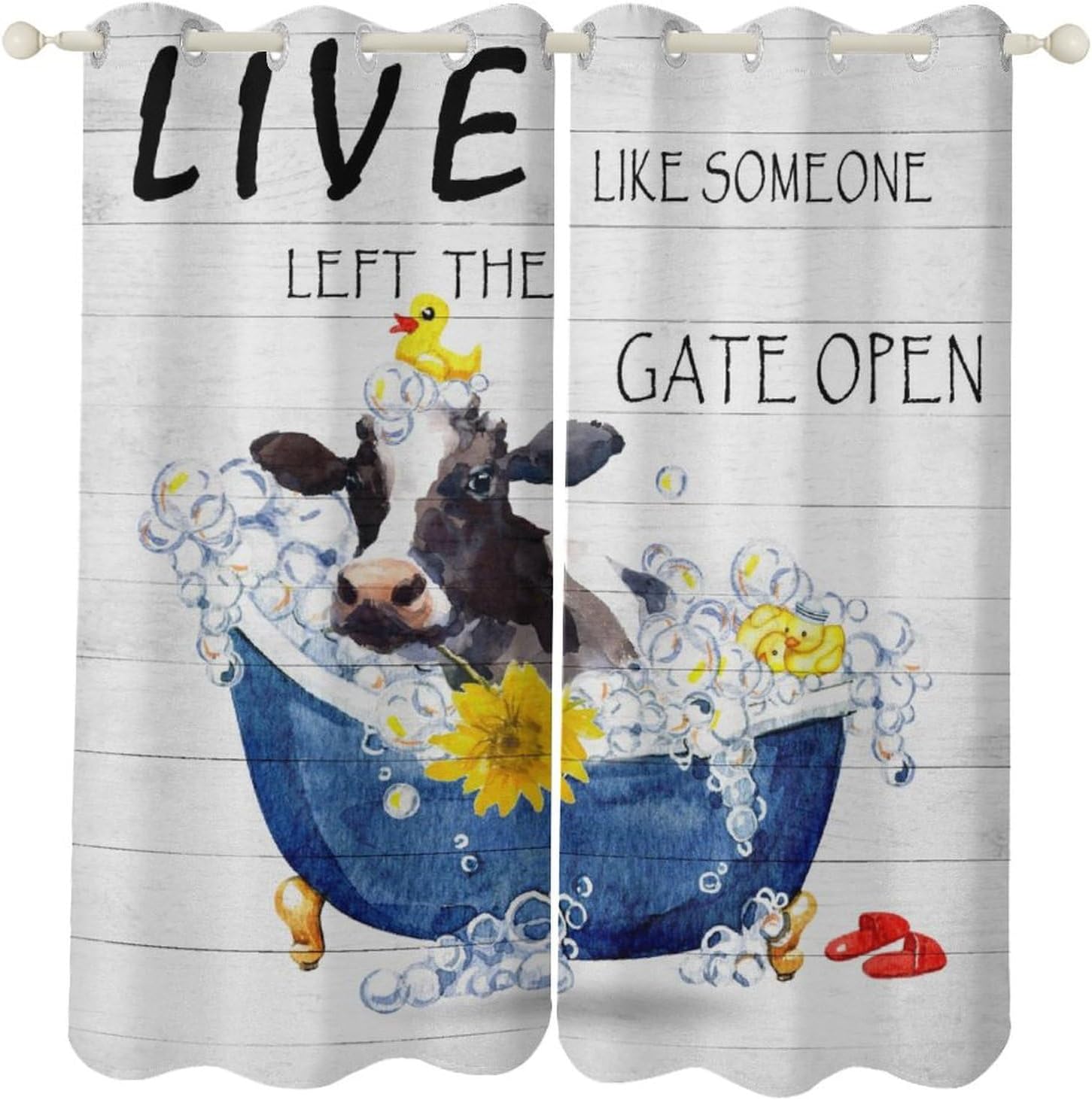 Retro Farmhouse Blackout Kitchen Curtains, Rustic Cow Farm Barn Vintage Yellowed Backdrop Buffalo Checked Windmill Decor Print Window Treatments, Grommet Drapes for Bedroom, 42x45inch (2 Panels)