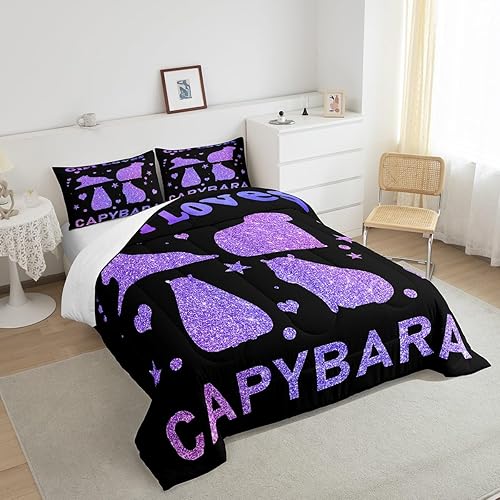 Miniatura 4 de Feelyou Juego de edredón de dibujos animados de Capybara, tamaño individual con 1 funda de almohada, juego de ropa de cama con estampado de