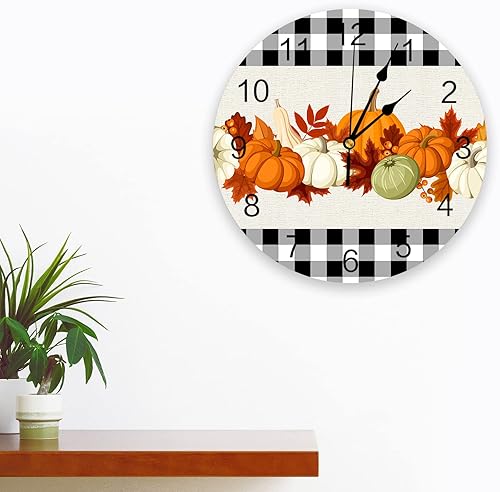 Miniatura 2 de Artwork Store Reloj de pared silencioso de 10 pulgadas para Acción de Gracias, acuarela, calabaza, hoja de arce, búfalo, a cuadros, elegante reloj