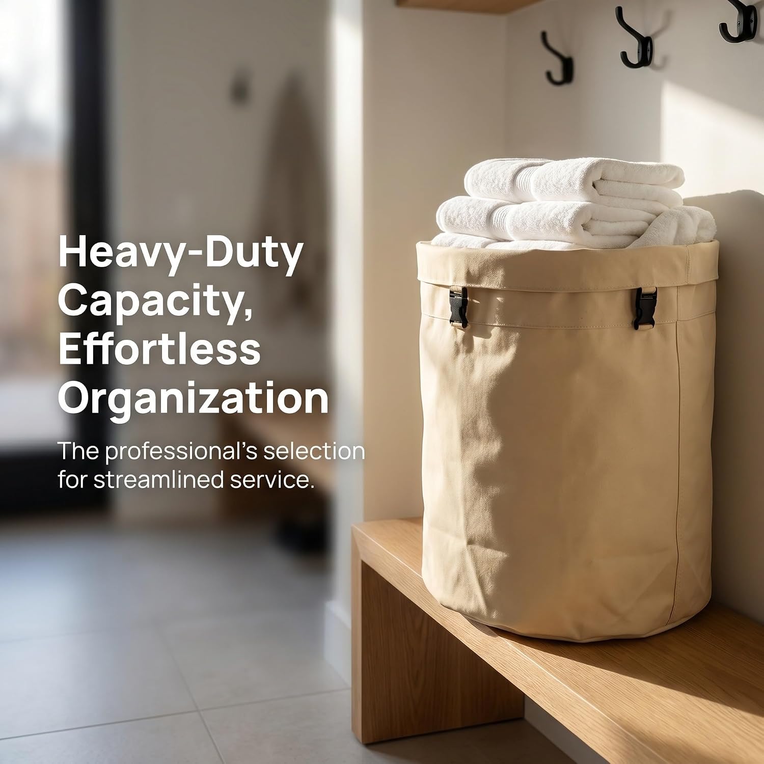 LIFKOME Foldable Khaki Canvas Laundry Cart Liner Bag with Reinforced Edge and Wide Drawstring Opening Round Laundry Cart Bag and Utility Cleaning Environments in Hotels