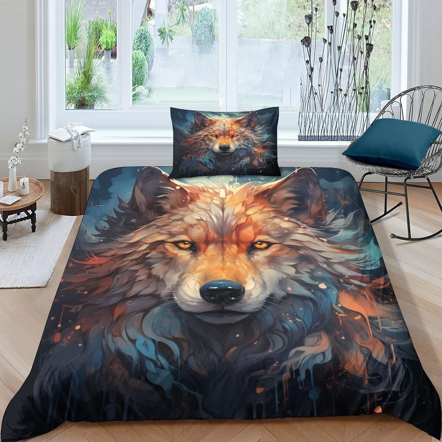 Housse de couette loup 140x200 cm imprimé peinture : parure de lit haut de gamme en microfibre