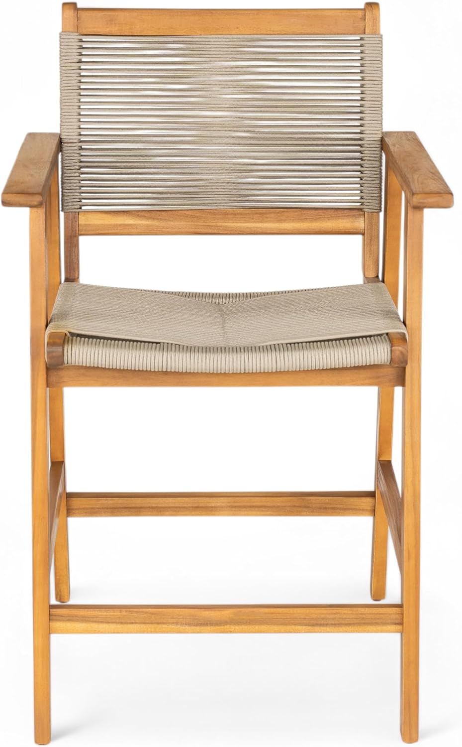 Christopher Knight Home Pleta Patio Barstool Set of 2, Acacia Wood & Beige Rope Outdoor Counter Stool with Armrest/Footrest, Natural Wooden Barstool Chairs for Backyard Balcony Garden, Beige + Teak