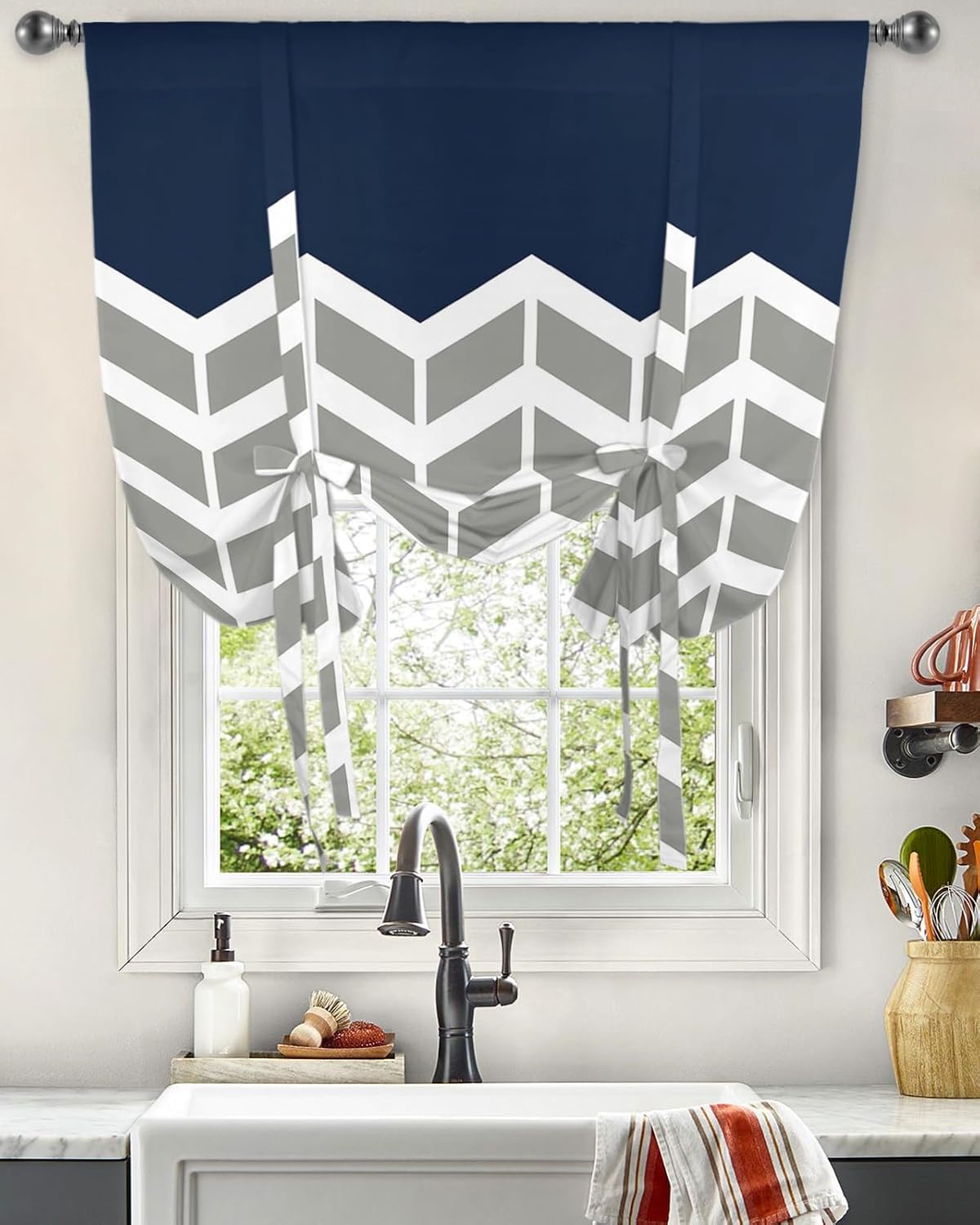 Nautical Navy Blue Tie Up Window Shade Curtain Zig Zag Stripe Kitchen Adjustable Balloon Curtains Shades Drape 46x63In for Living Room/Bedroom/Cafe Windows Grey White Chevron