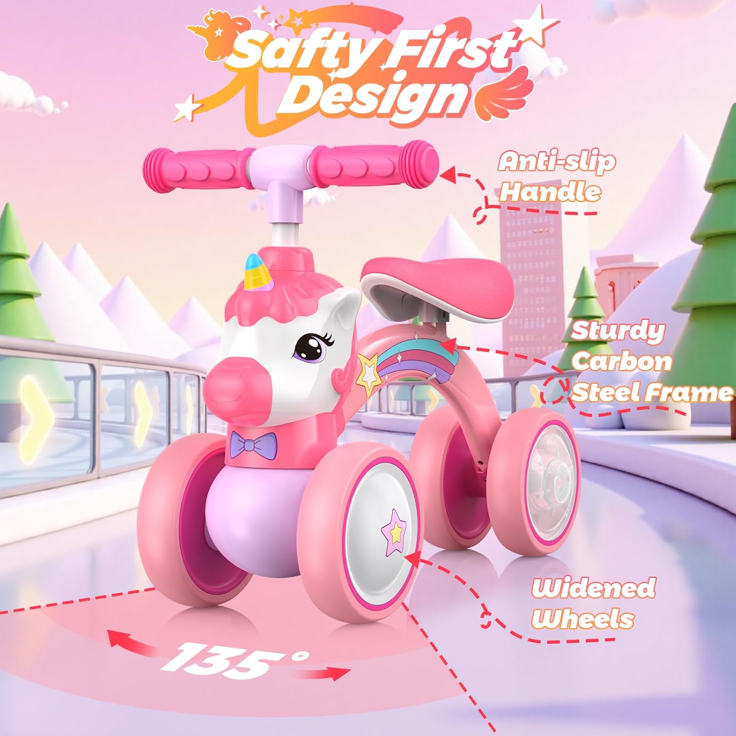 Unicorn Baby Balance Bike Ride on Toys for 1 2 Year Old, Toddler Bike, Birthday Gifts for 1 2 Year Old Girls, Colorful Lighting Silent Wheels, No Pedal, Safe Baby First Bike & Birthday Gift