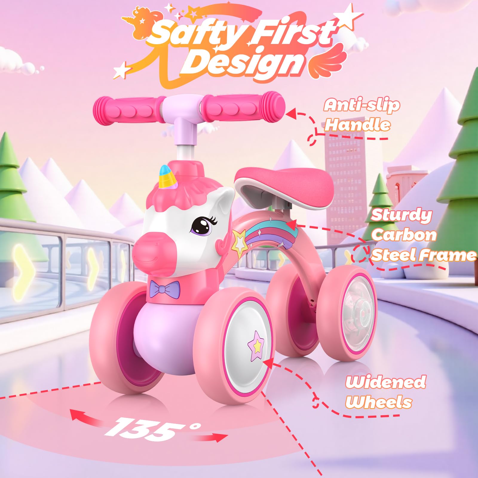Correpasillos Unicornio de 4 Ruedas para Niños 1-2 Años con Luz LED Trasera, 25kg Capacidad, Regalo Ideal para Cumpleaños y Navidad, Juguete Seguro para Aprender a Equilibrarse (Rosa)