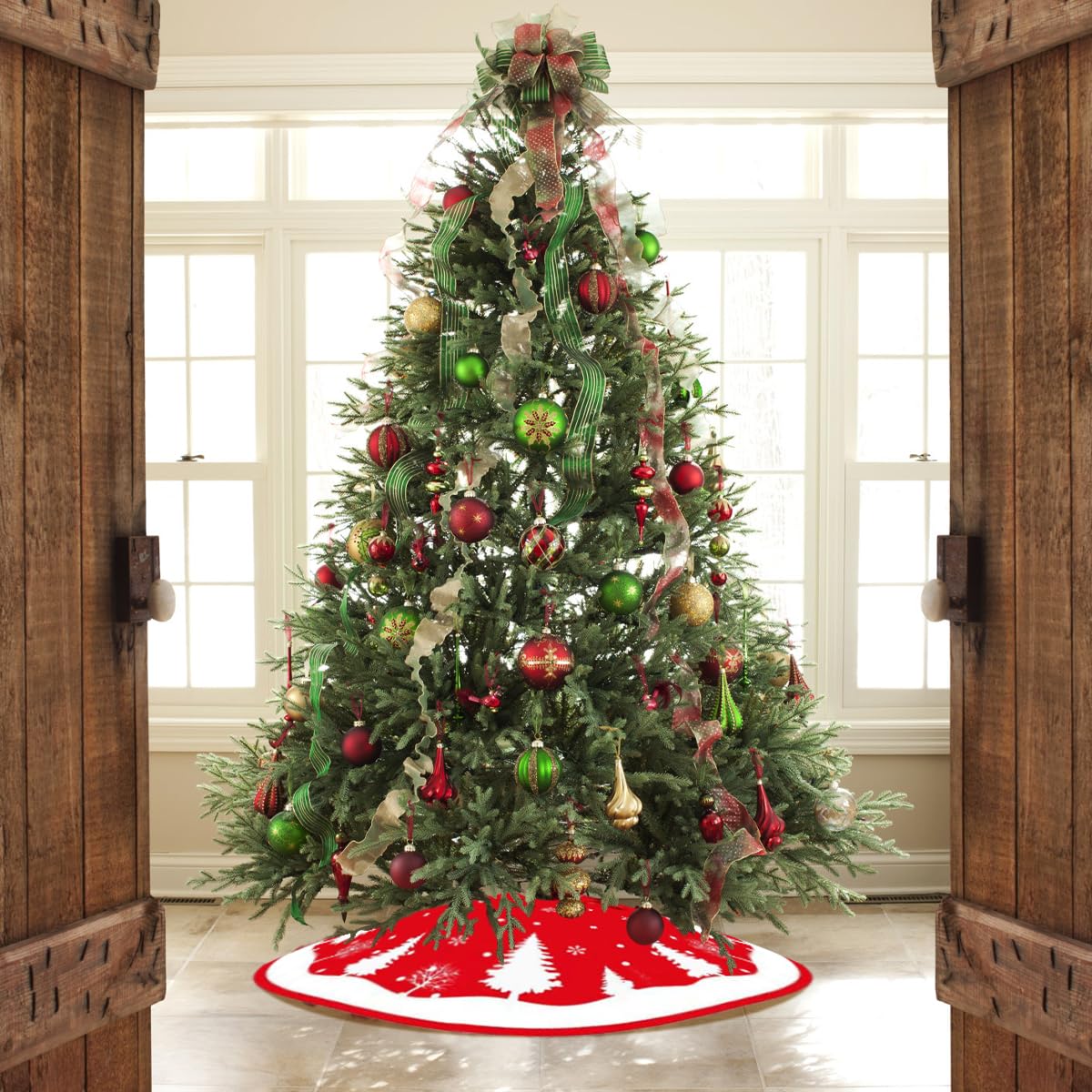 Falda Árbol Navidad Rojo, 120cm Pie Redondo, Cubre Pie Peluche Corto, Base para Fiesta de Año Nuevo, Vacaciones en Casa, Decoración