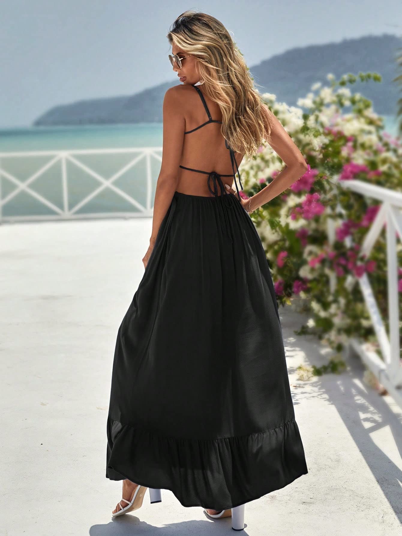 Neeno Women's Dresses Tie Front Ruffle Hem Cami Dress Dress for Women (Color : Black, Size : Medium) : Clothing, Shoes & Jewelry