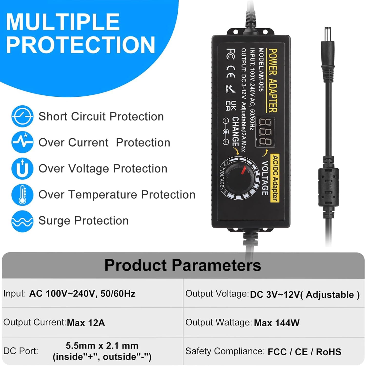 Universal Netzteil 12V 12A, Verstellbarer Netzadapter 3V-12V 144W Einstellbares Netzteil 100V-240V AC to DC 3V 4.5V 5V 6V 7.5V 9V 12V 1A 2A 3A 4A 5A 10A mit 14 DC Steckern
