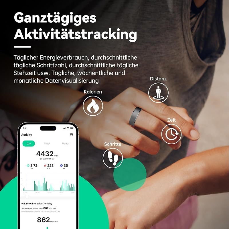 YD LIFE Okos gyűrű, ezüst, 8-18,5 mm, 5 ATM vízálló, hőmérsékletméréssel, pulzus SpO2, alvás és 100+ sportmód, Android iOS kompatibilis