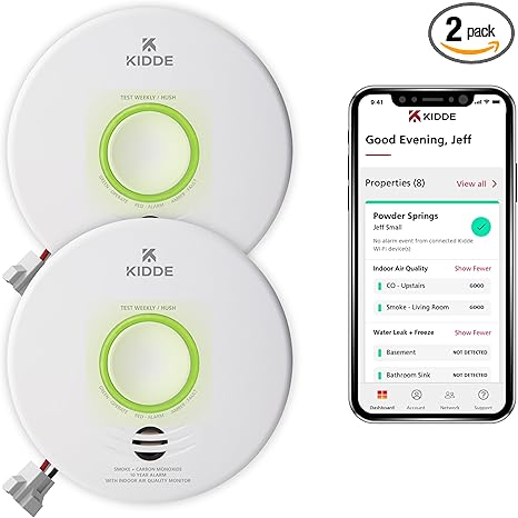 Kidde Smart Smoke & Carbon Monoxide Detector & Indoor Air Quality Monitor, WiFi, Alexa Compatible Device, Hardwired w/Battery Backup, Voice & App Alerts, 2 Pack