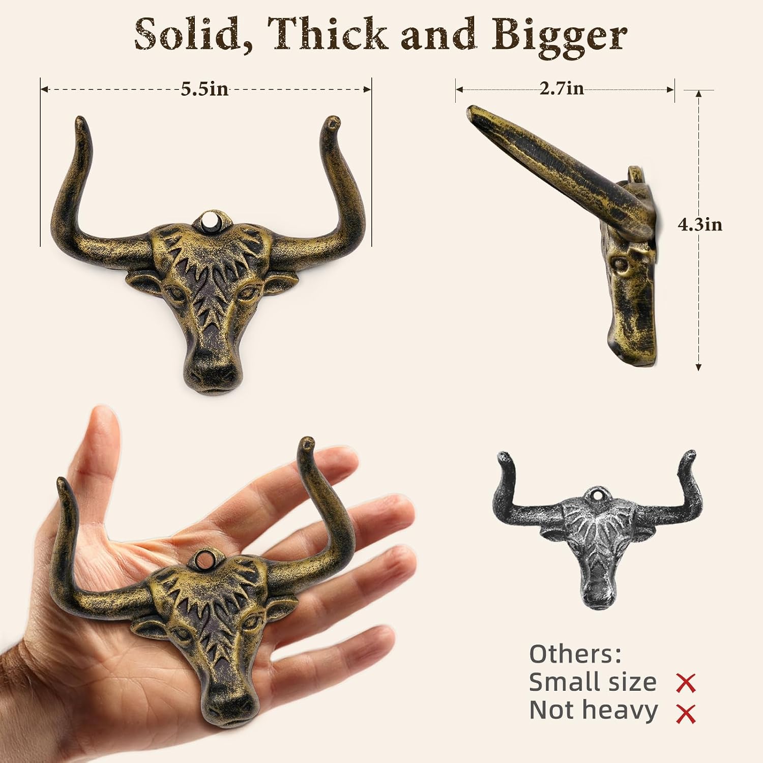 Cast Iron Cowboy Hat Rack Wall, Longhorn Cowboy Hat Holder, 2 Pack, Gold image 4