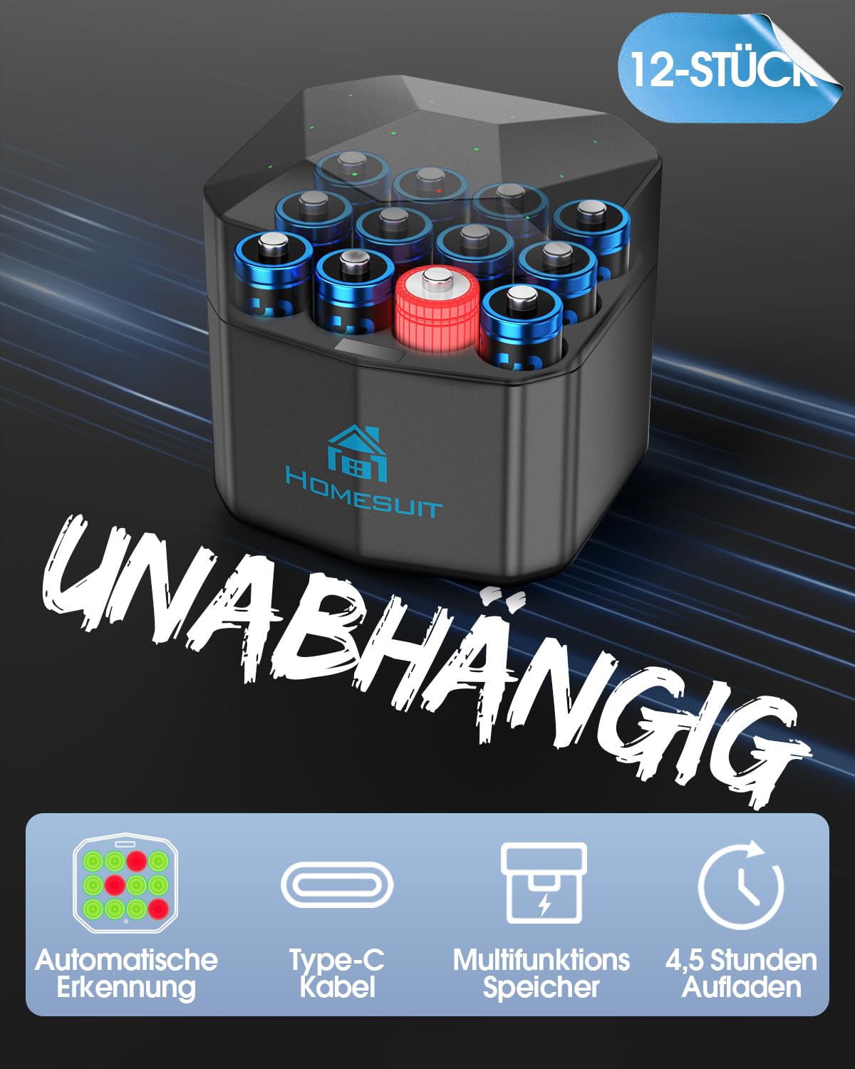 Homesuit Pilas recargables AA de litio con 12 cargadores, 1,5 V de alto rendimiento con pilas AA de iones de litio de 3600 mWh, paquete de 12, hasta 2000 ciclos de carga, azul (azul)