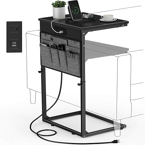 Vagusicc Mesa auxiliar en forma de C con estación de carga, mesa auxiliar de altura ajustable para sofá, mesa de sofá pequeña, mesa de sofá