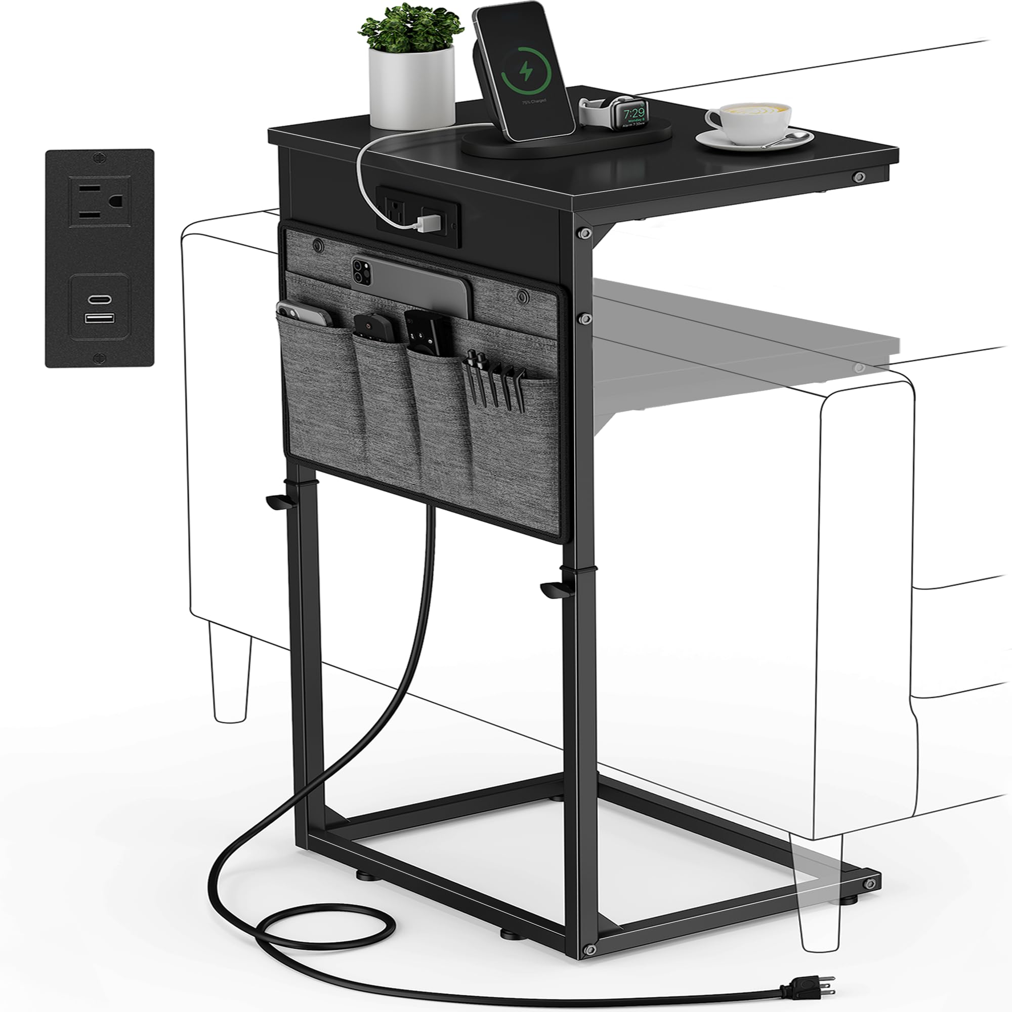 Vagusicc C Shaped End Table with Charging Station, Tall C Table End Table Adjustable Height Side Table for Couch, Small Couch Table Slide Under Sofa