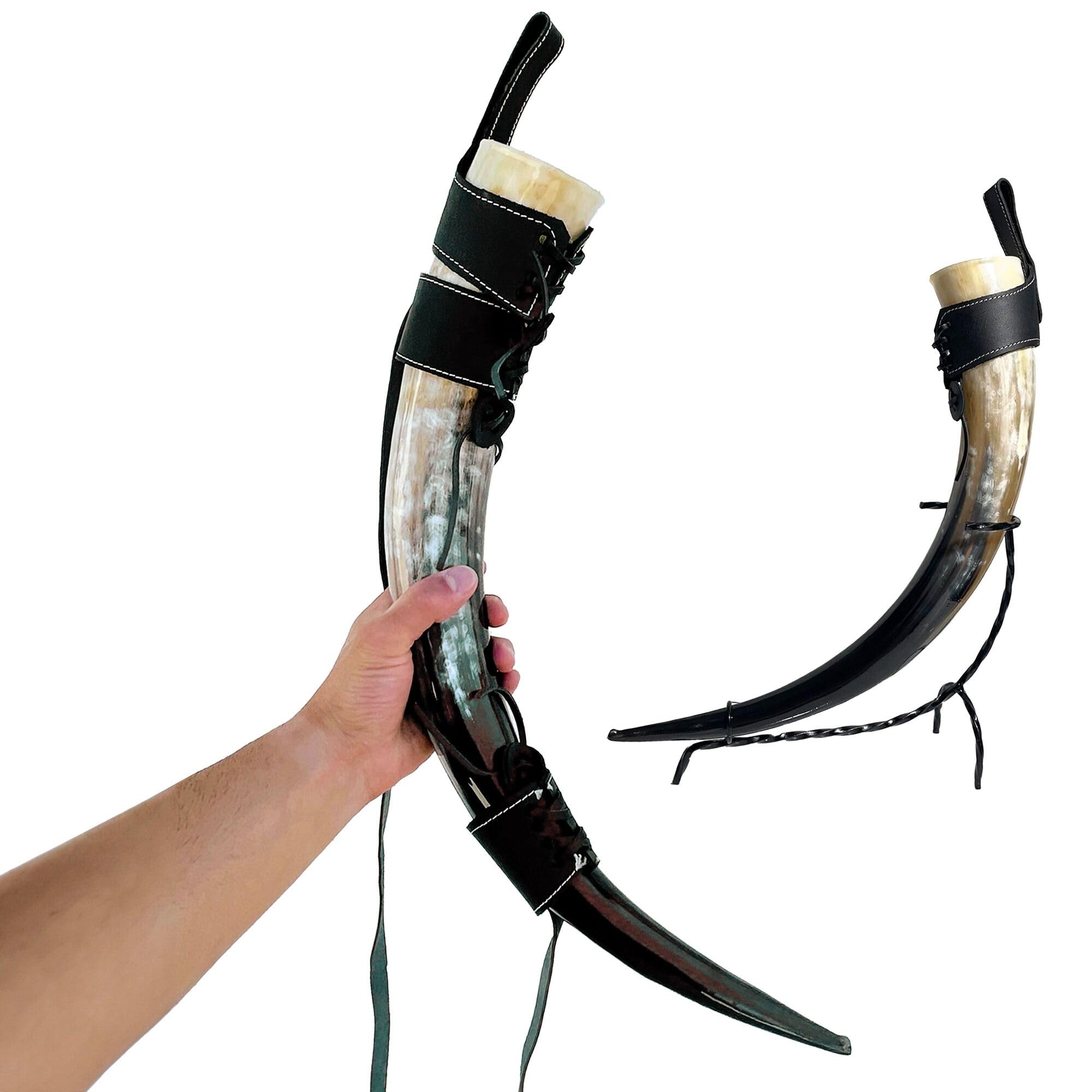 Large Viking Drinking Horn - Huge 24oz+ is 2 Full Beer Bottles - 100% Smell Free - Huge 9-Inch Tall Iron Stand & Belt Strap - Ale, Wine, Norse Tankard Gift For Men