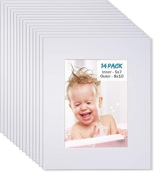 Egofine 8x10 White Picture Mats Pack of 14, Frame Mattes for 5x7 Pictures, Acid Free, 1.2mm Thickness, with Core Bevel Cut