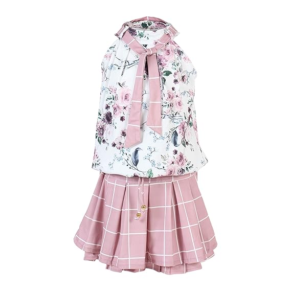 papa ki pari Girls Dresses Printed Top and Checkered Skirt Combo Dress Set