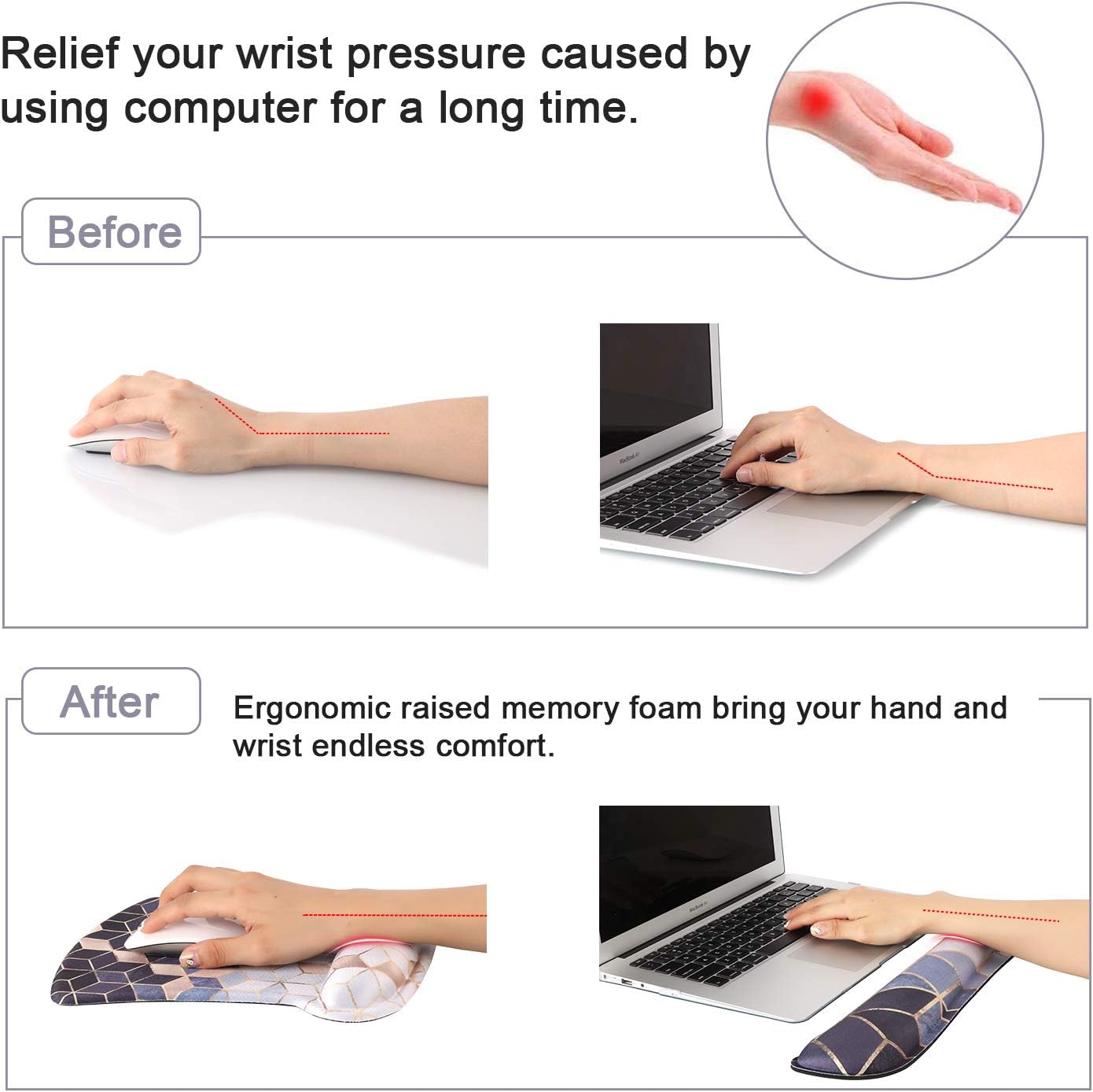 New iLeadon Keyboard Wrist Rest Pad and Mouse Wrist Rest Support Mouse Pad Set, Non Slip Rubber Base Wrist Support with Ergonomic Raised Memory Foam for Easy Typing & Pain Relief, Abstract Cubes
