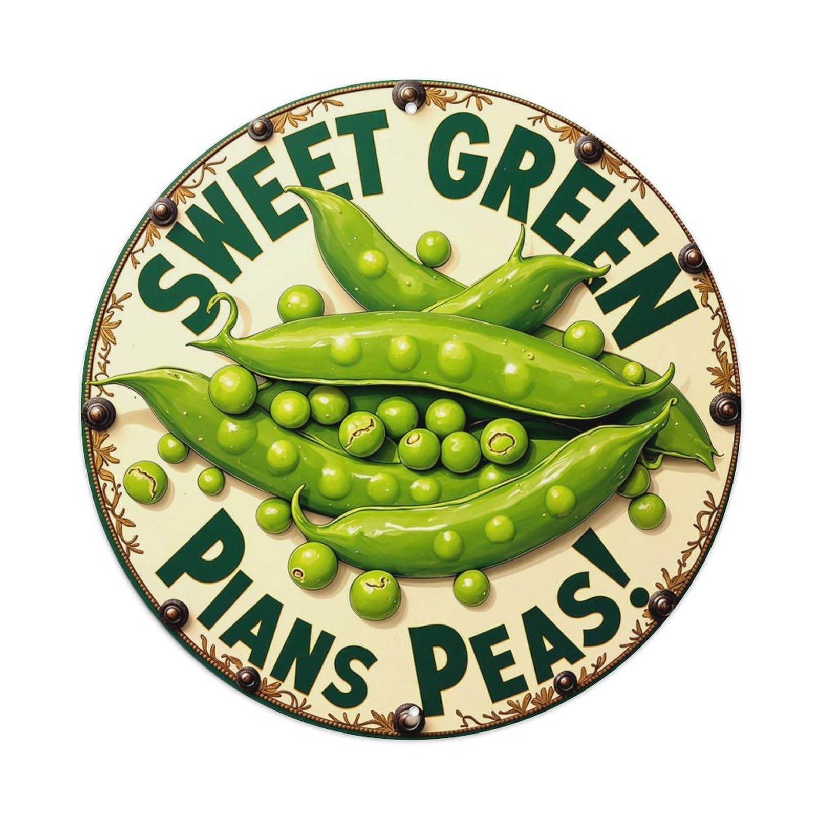 Sweet Green Peas Pattern Print Retro Metal Sign Round Tin Sign, Vintage Decor Art Poster for Bar, Home, Man Cave, Kitchen, Laundry Room Gift 8x8Inch