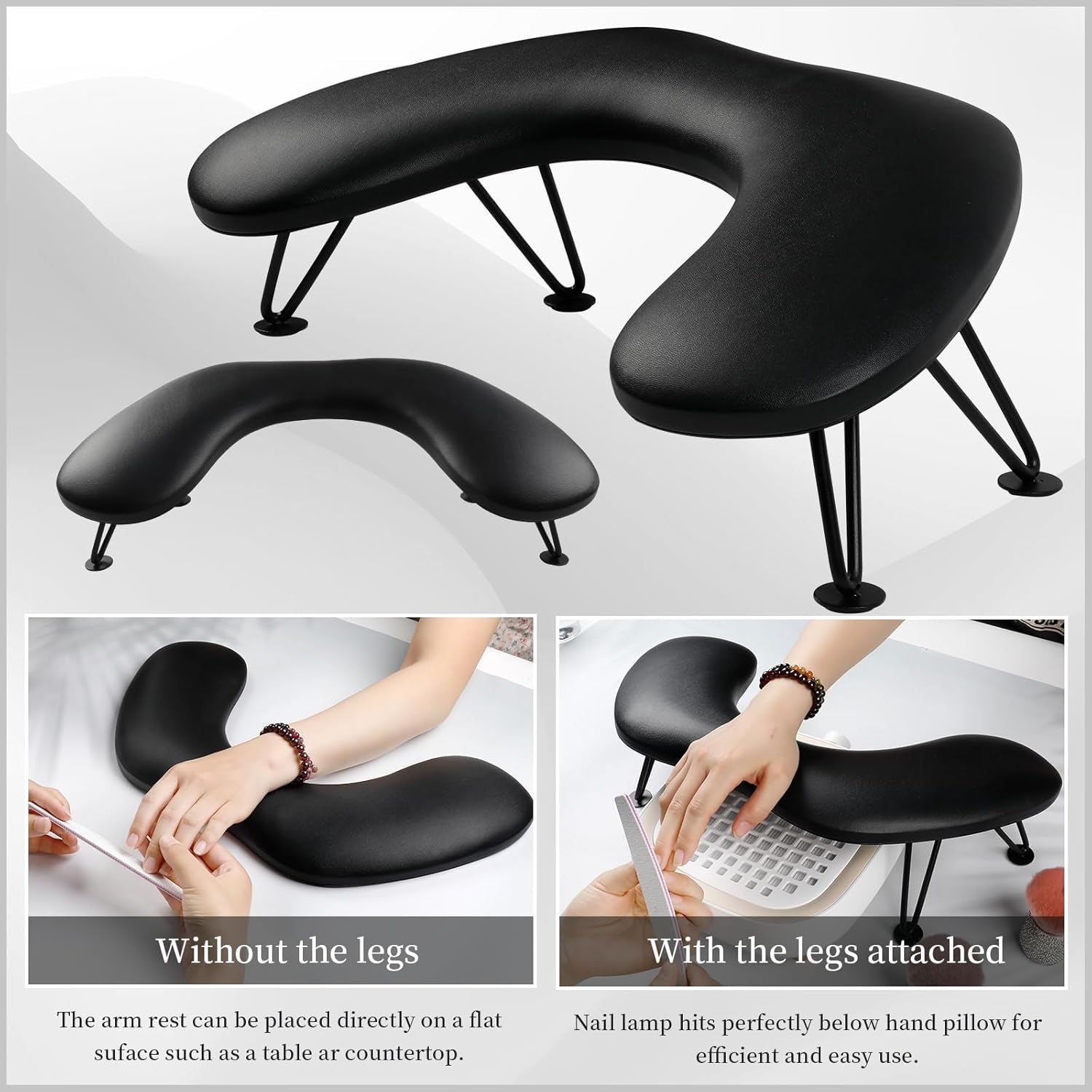 ANGNYA Arm Rest for Nails Tech, U-shaped Hand Rest for Nails Tech Microfiber PU Leather Nail Arm Rest with Detachable Brackets Hand Rest Pillow for Acrylic Nail Cushion (Black)