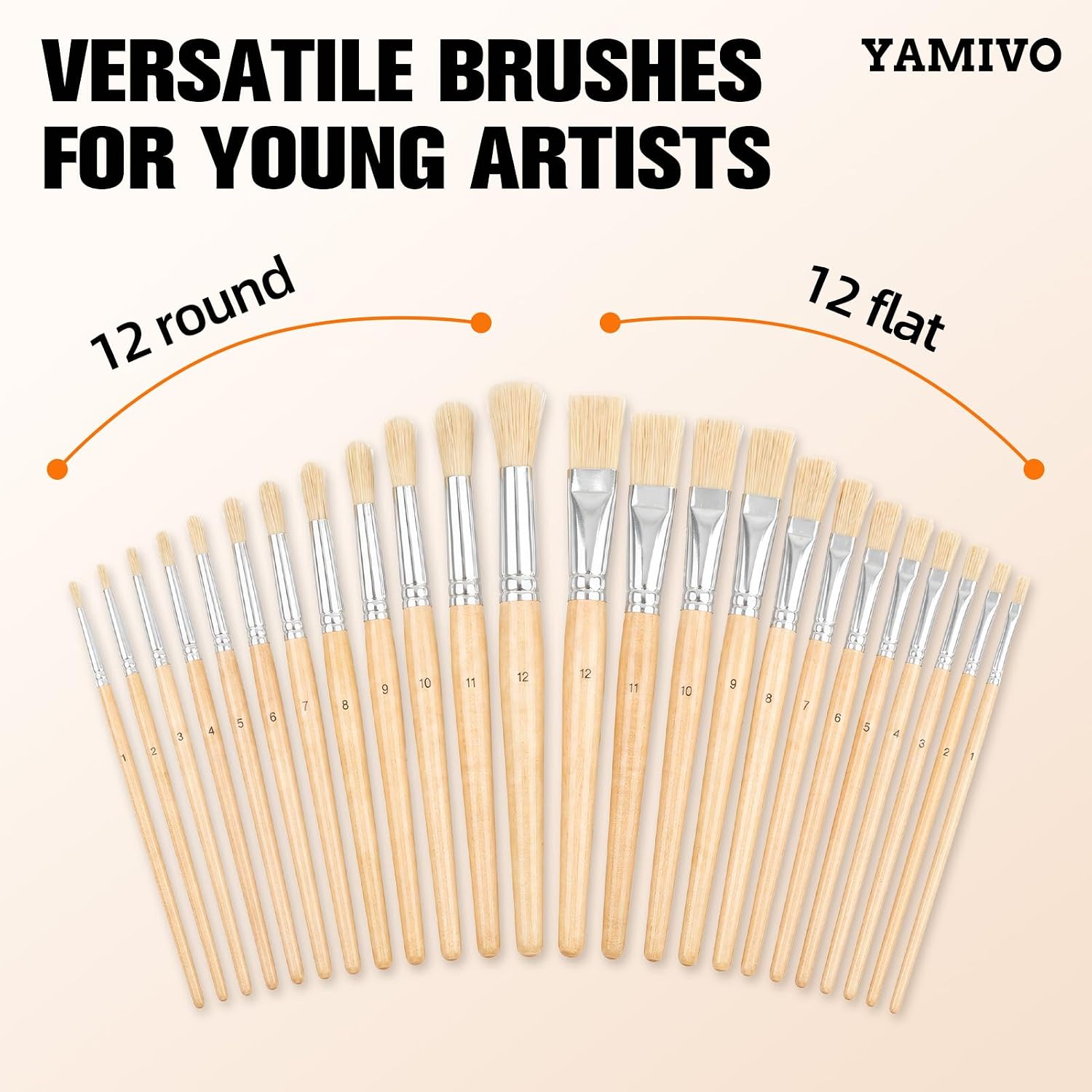 Paint Brushes Set of 24, Natural Bristle Round and Flat Tip Art Set | Wood Handles, Assorted Sizes, Students, Beginners, Classroom Painting, Acrylic, Oil, Watercolor, Gouache