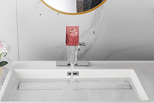 Miniatura 4 de Grifo de lavabo de baño Caño cromado abierto en cascada con luz LED, 3 colores cambiantes, control de temperatura, una manija, un solo agujero,