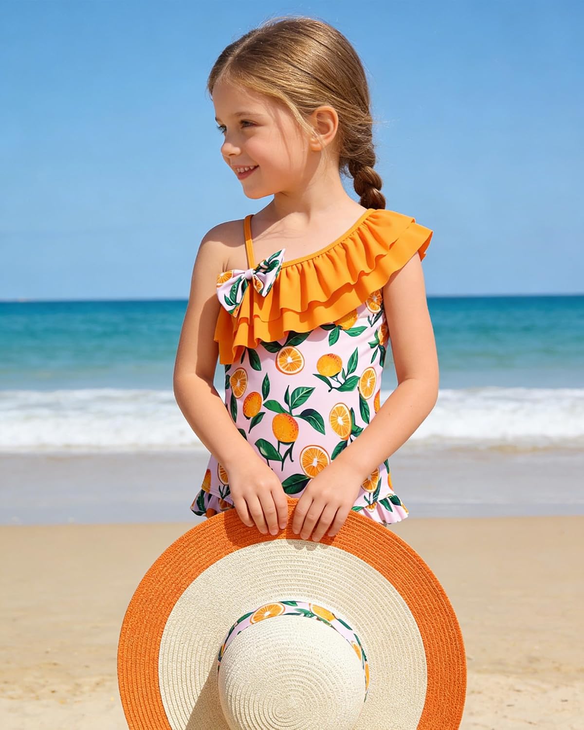 Girls Swimsuits Cute Bow Ruffle One Piece Bathing Suits with Adjustable Straps Swimwear Quick Dry Size 3-8 Years