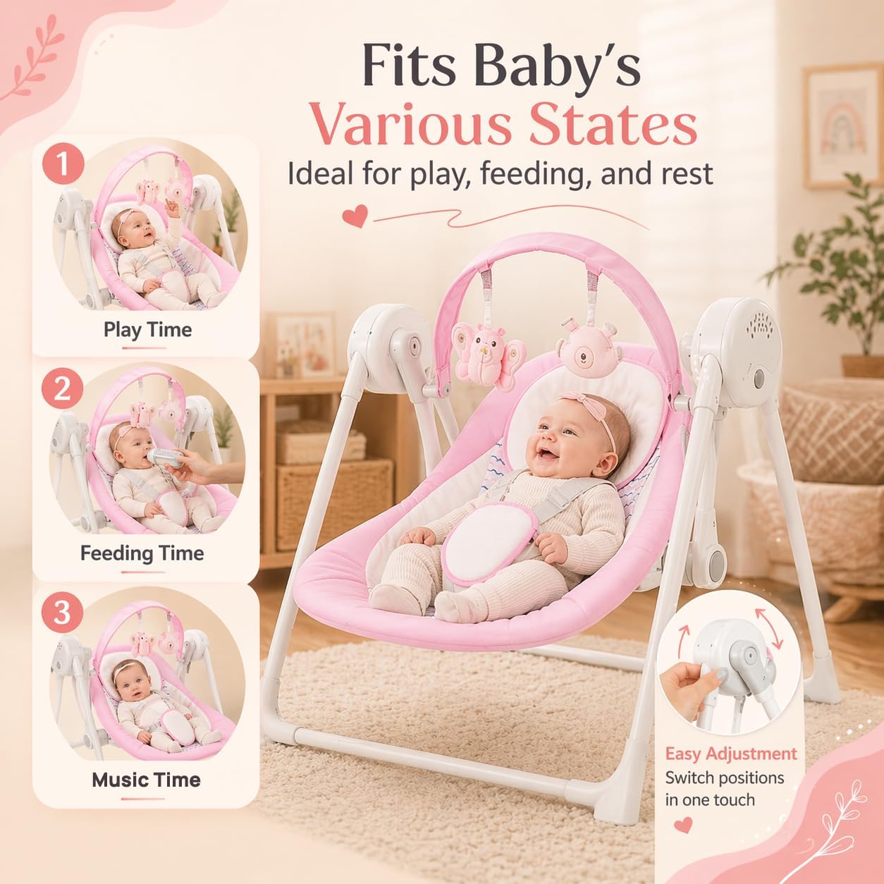 Baby Swing SpaceSaver Ultra-Compact Foldable Infant Swing (Fits in 5.3" Gaps!) 6 Speed Modes | Portable Newborn Swing for Travel/Car/Picnic (0-6M, 6-20lbs Pink)