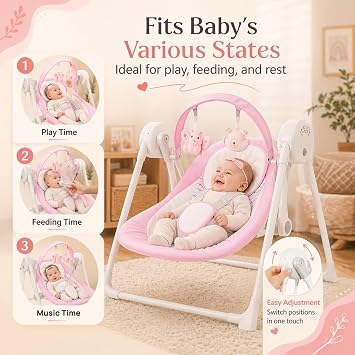 Baby Swing SpaceSaver Ultra-Compact Foldable Infant Swing (Fits in 5.3 Gaps!) 6 Speed Modes | Portable Newborn Swing for Travel/Car/Picnic (0-6M, 6-20lbs Pink)