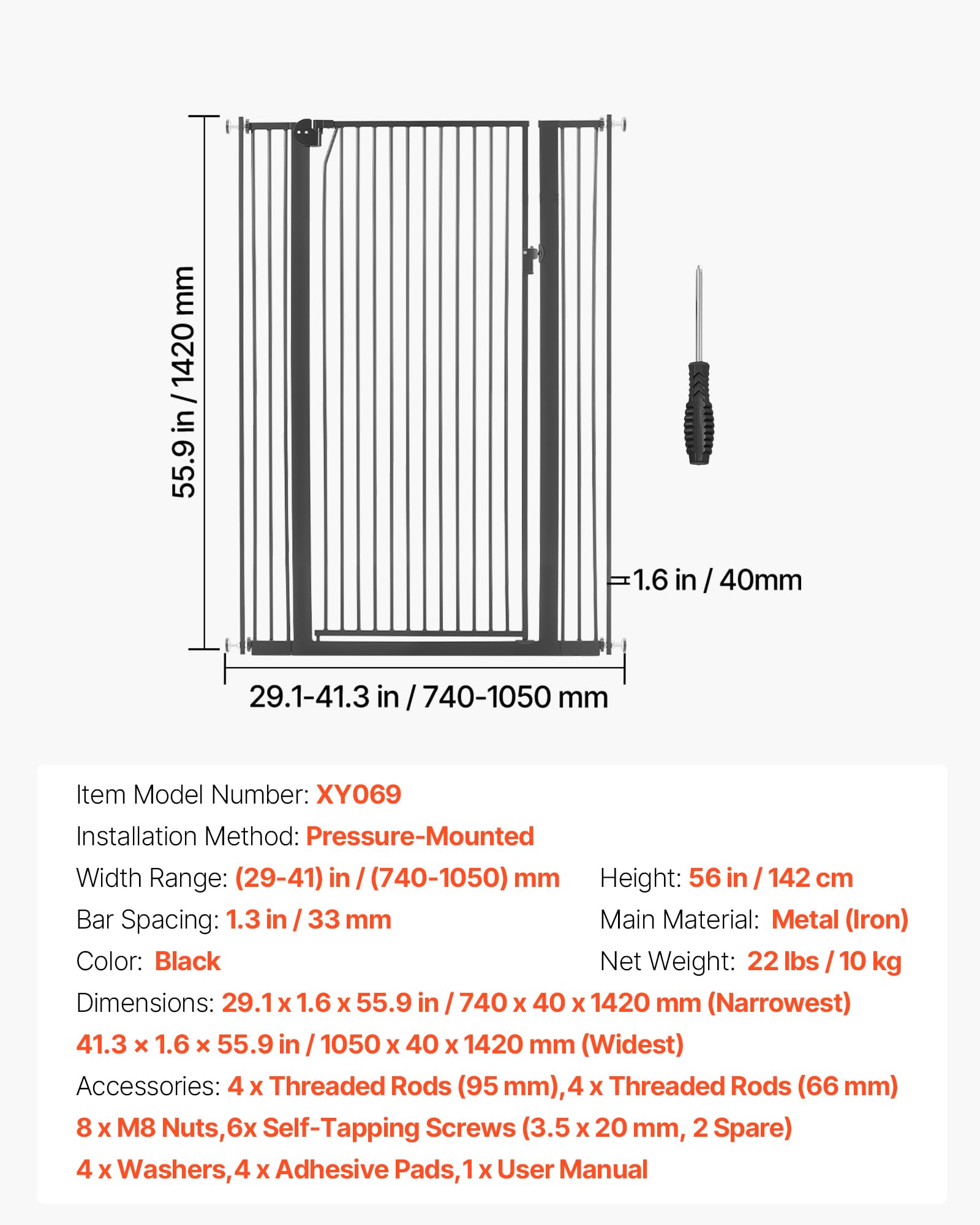 VEVOR Barrière de Sécurité pour Animaux Très Haute, Largeur Réglable 74-105 cm, Porte Chien Hauteur 142 cm, Barreaux Espacés 33 mm, Fixation par Pression ou Murale, pour Escaliers Portes Maison, Noir