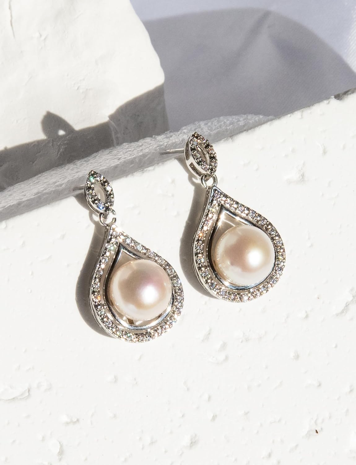 Pearl Drops Dangle Earrings for Women – Hypoallergenic Sterling Silver Studs with Cubic Zirconia Accents, Elegant Real Cultured Freshwater Pearls Perfect for Daily Wear and Christmas Gifts - Image 2