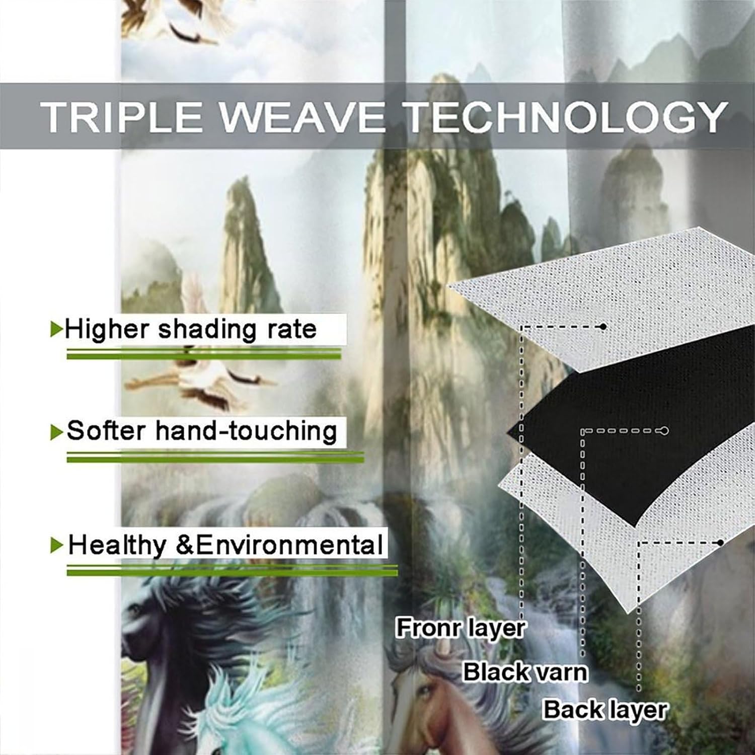 Watercolor Wild Animal Horse Curtains Window Treatments Vintage Japanese Natural Scenery Mountain Crane Horse Curtain Thermal Insulated Rod Pocket Blackout Curtains-2 Panels 63" L x 31.5" W