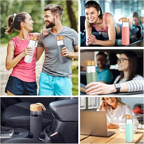 Miniatura 7 de Botella de agua de vidrio de 25 onzas con tapa de bambú, botellas de agua de vidrio de borosilicato con funda, boca ancha y botella de agua apta